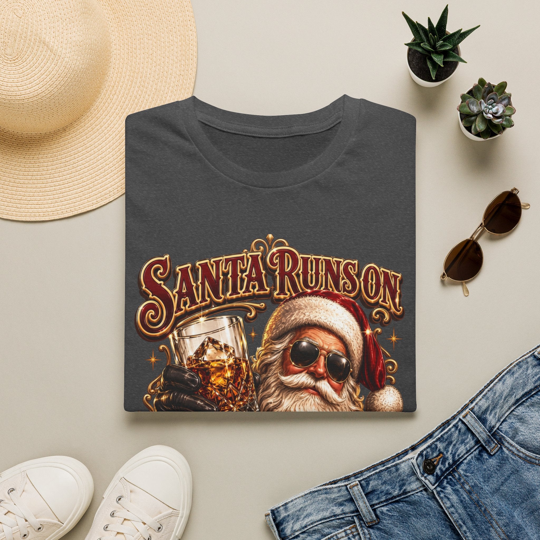Santa Runs on Bourbon Vintage Whiskey print on a Dark Heather t-shirt, folded beside a straw hat and jeans