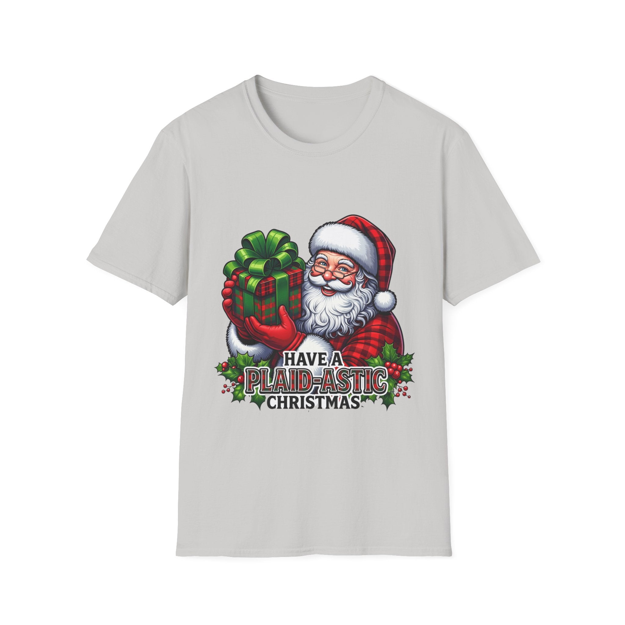 Santa Have a Plaid-astic print on the front of an Ice Grey t-shirt, laid flat on white