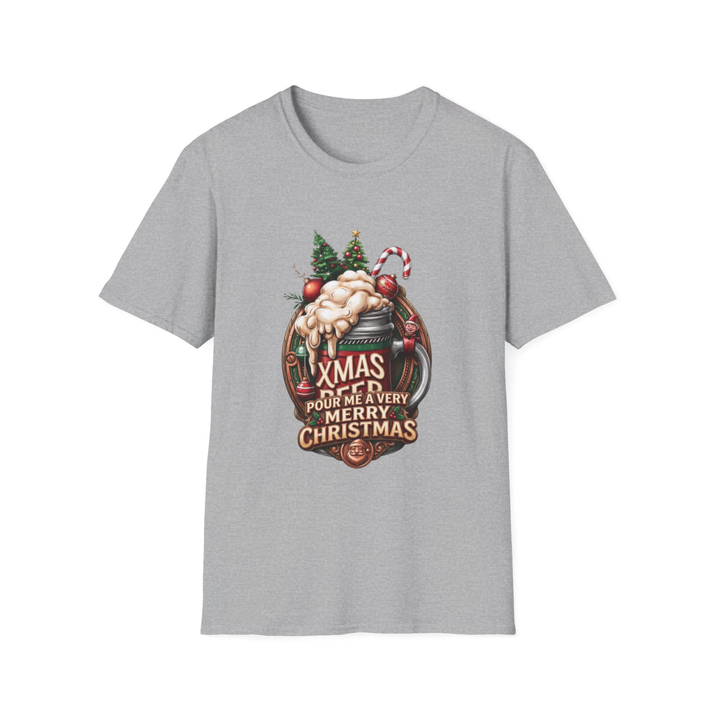 XMAS Beer Pour Me a Very Merry Christmas print on the front of a Sport Grey t-shirt, laid flat on white