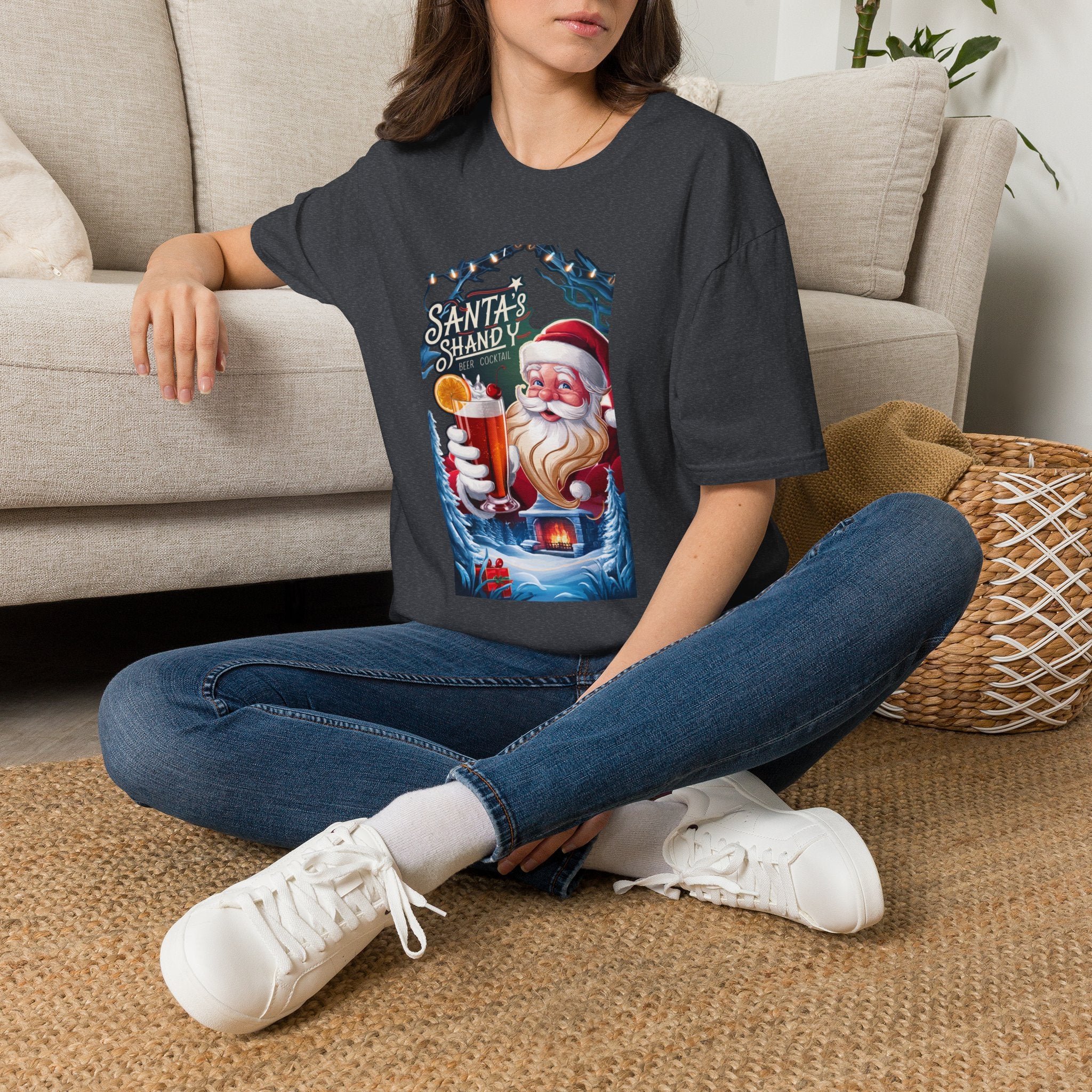 Santa's Shandy Beer Cocktail t-shirt in Dark Heather Grey, worn by a woman seated on a rug