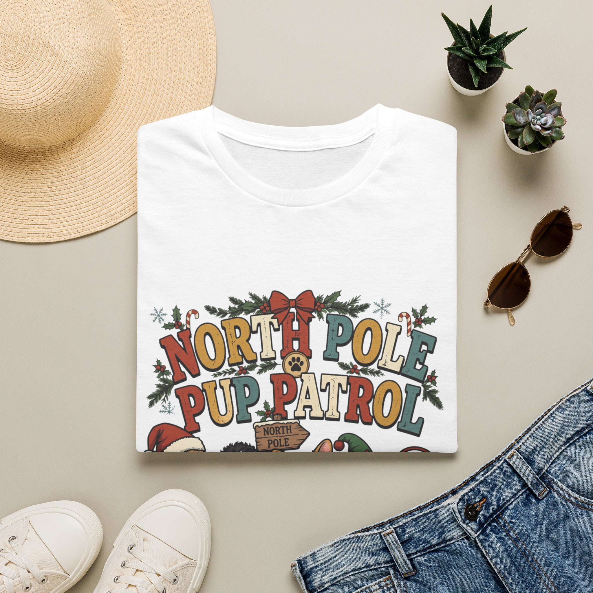 North Pole Pup Patrol Christmas Dogs print on a White t-shirt, folded beside a straw hat and jeans
