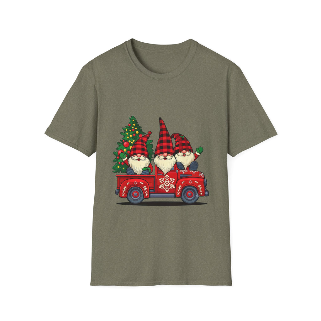 Buffalo Plaid Gnomes Red Truck print on the front of a Heather Military Green t-shirt, laid flat on white