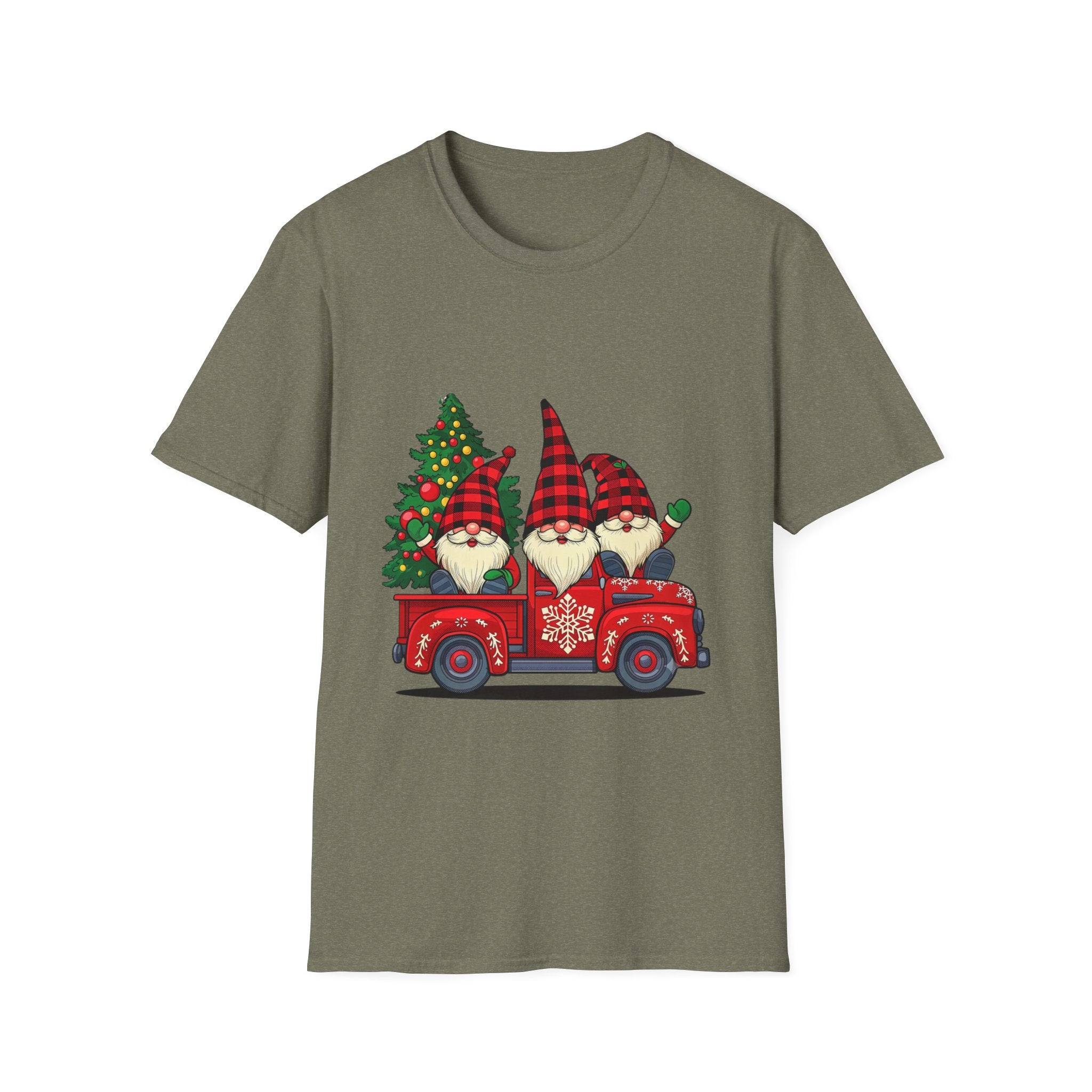 Buffalo Plaid Gnomes Red Truck print on the front of a Heather Military Green t-shirt, laid flat on white
