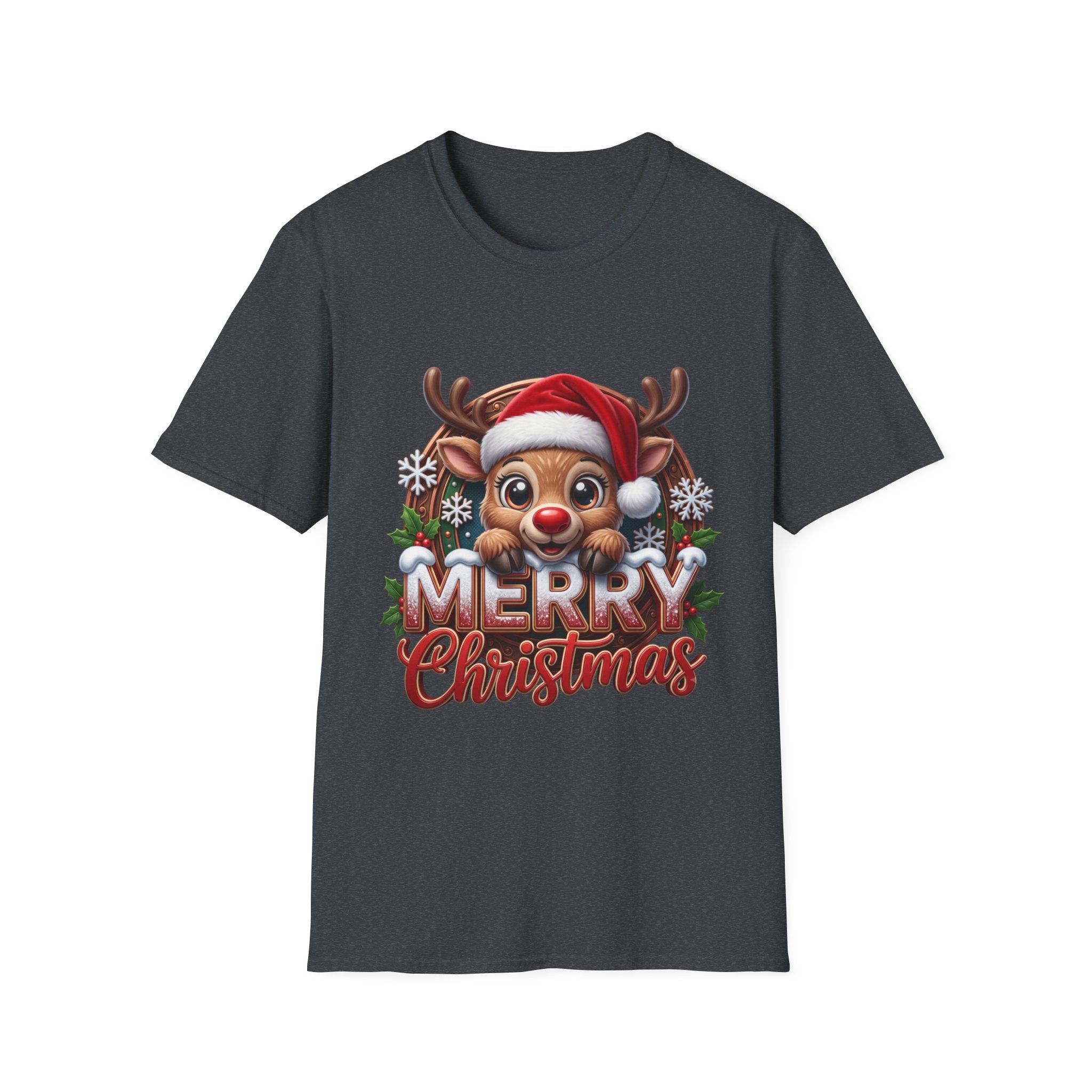 Cute Red-Nosed Reindeer print on the front of a Dark Heather Grey t-shirt, laid flat on white