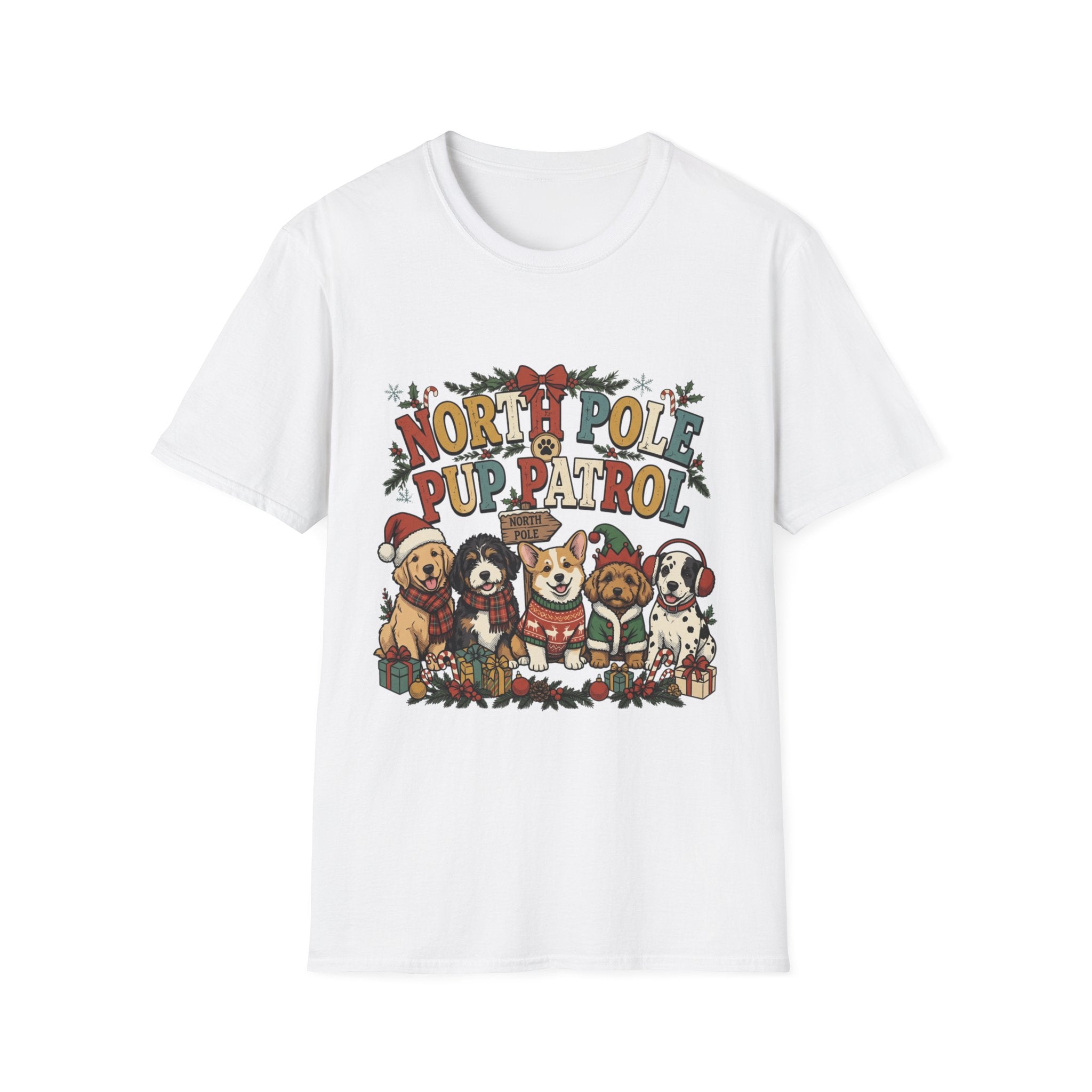 North Pole Pup Patrol Christmas Dogs print on the front of a White t-shirt, laid flat on white