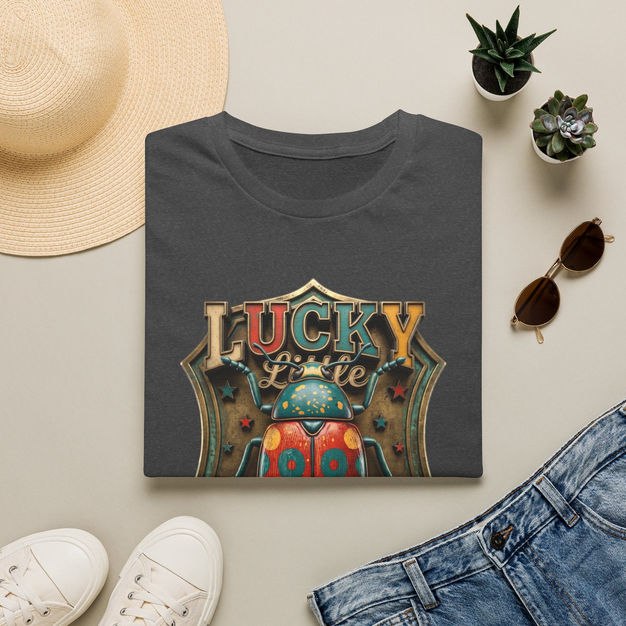 Lucky Little Bugger Vintage Beetle print on a Dark Heather t-shirt, folded beside a straw hat and jeans