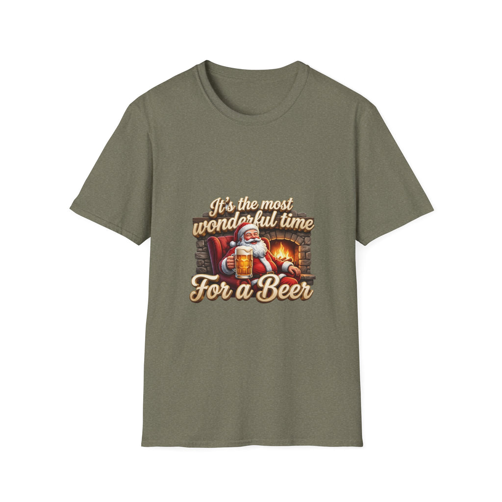 Most Wonderful Time for a Beer Santa print on the front of a Heather Military Green t-shirt, laid flat on white