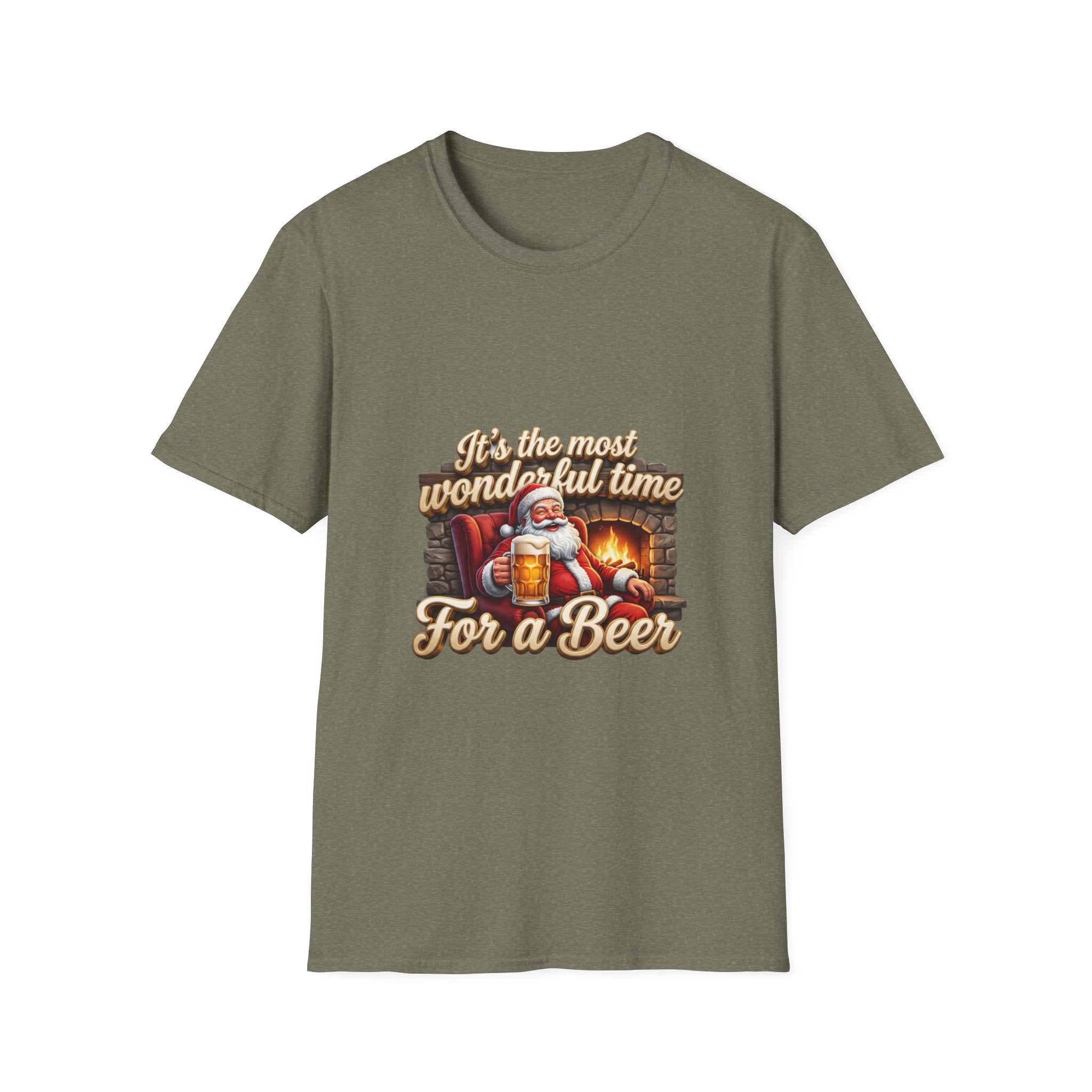 Most Wonderful Time for a Beer Santa print on the front of a Heather Military Green t-shirt, laid flat on white