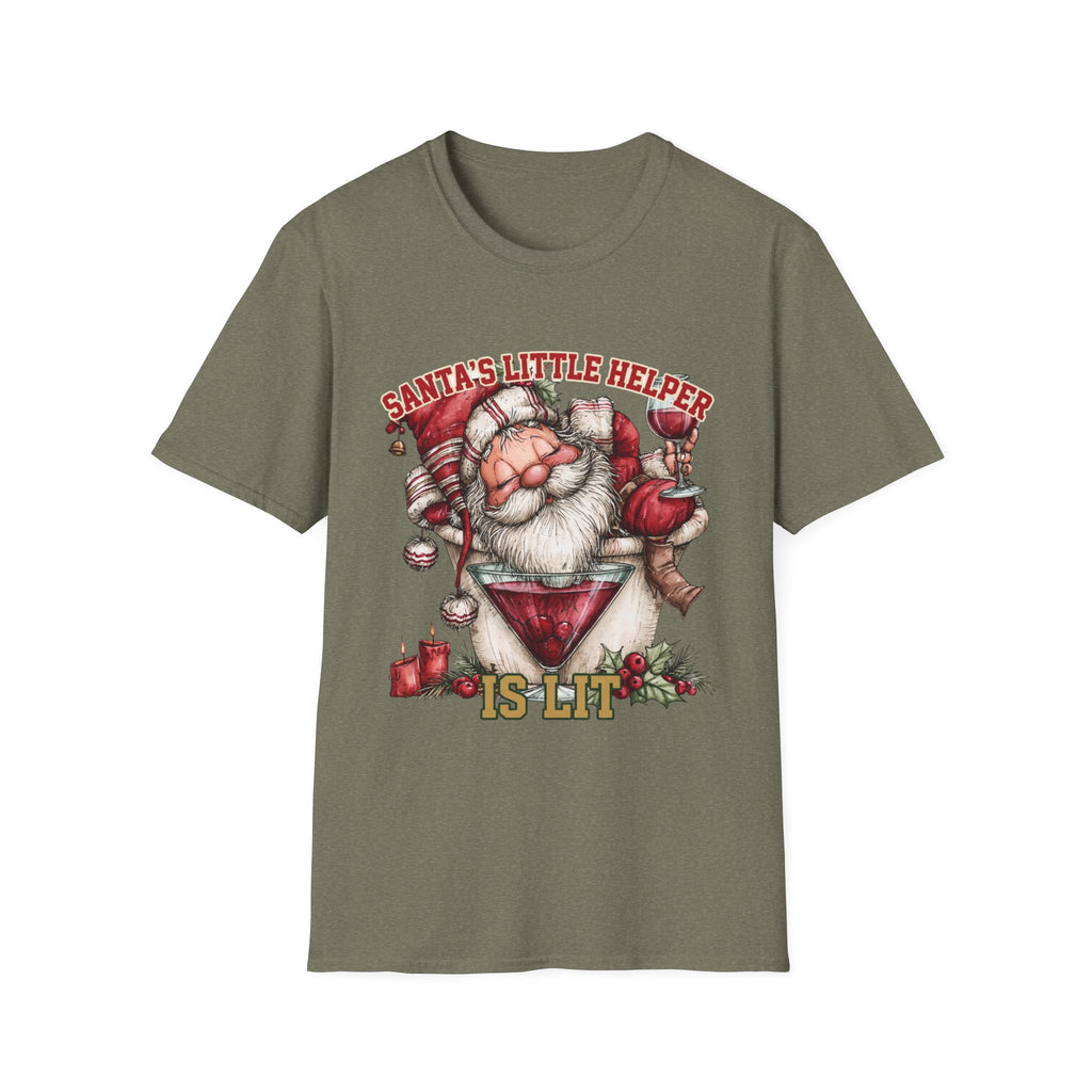Santa's Little Helper Is Lit Christmas Wine print on the front of a Heather Military Green t-shirt, laid flat on white