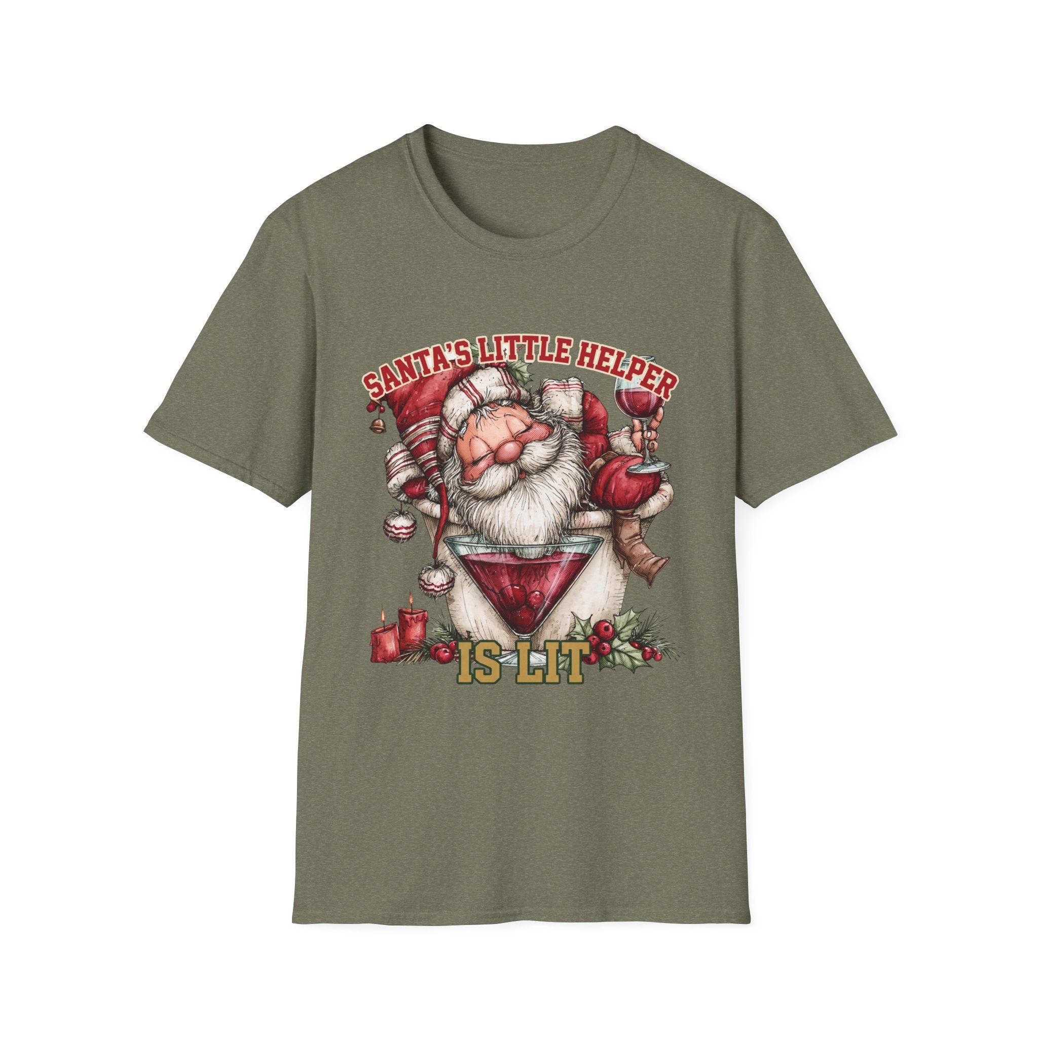 Santa's Little Helper Is Lit Christmas Wine print on the front of a Heather Military Green t-shirt, laid flat on white