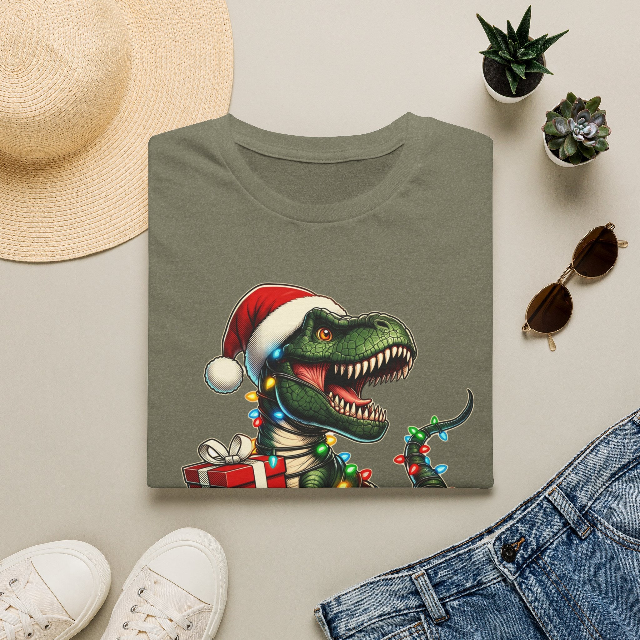 Happy Saurus T-Rex Santa Hat Christmas Lights print on a Heather Military Green t-shirt, folded beside a straw hat and jeans