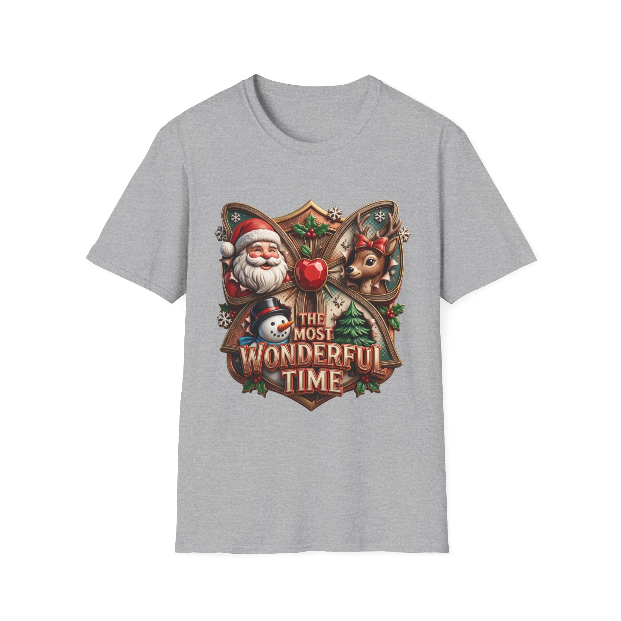 The Most Wonderful Time Wood Crest Santa print on the front of a Sport Grey t-shirt, laid flat on white