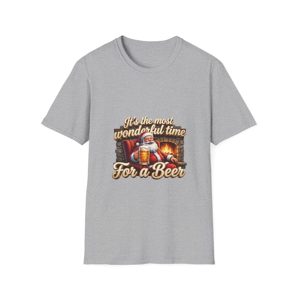 Most Wonderful Time for a Beer Santa print on the front of a Sport Grey t-shirt, laid flat on white