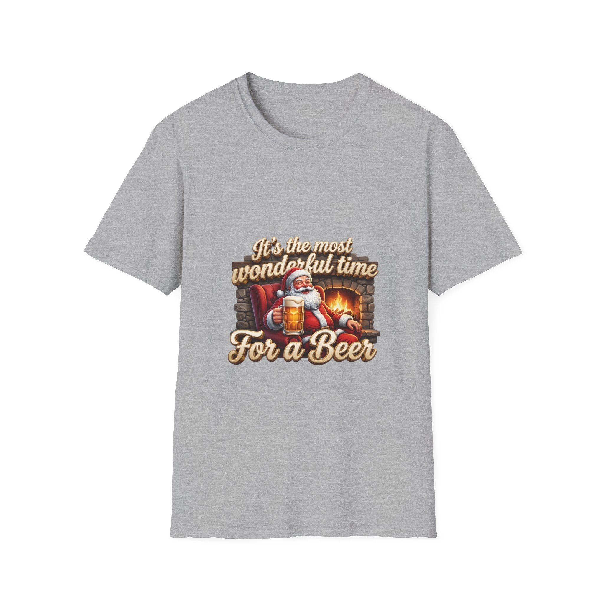 Most Wonderful Time for a Beer Santa print on the front of a Sport Grey t-shirt, laid flat on white