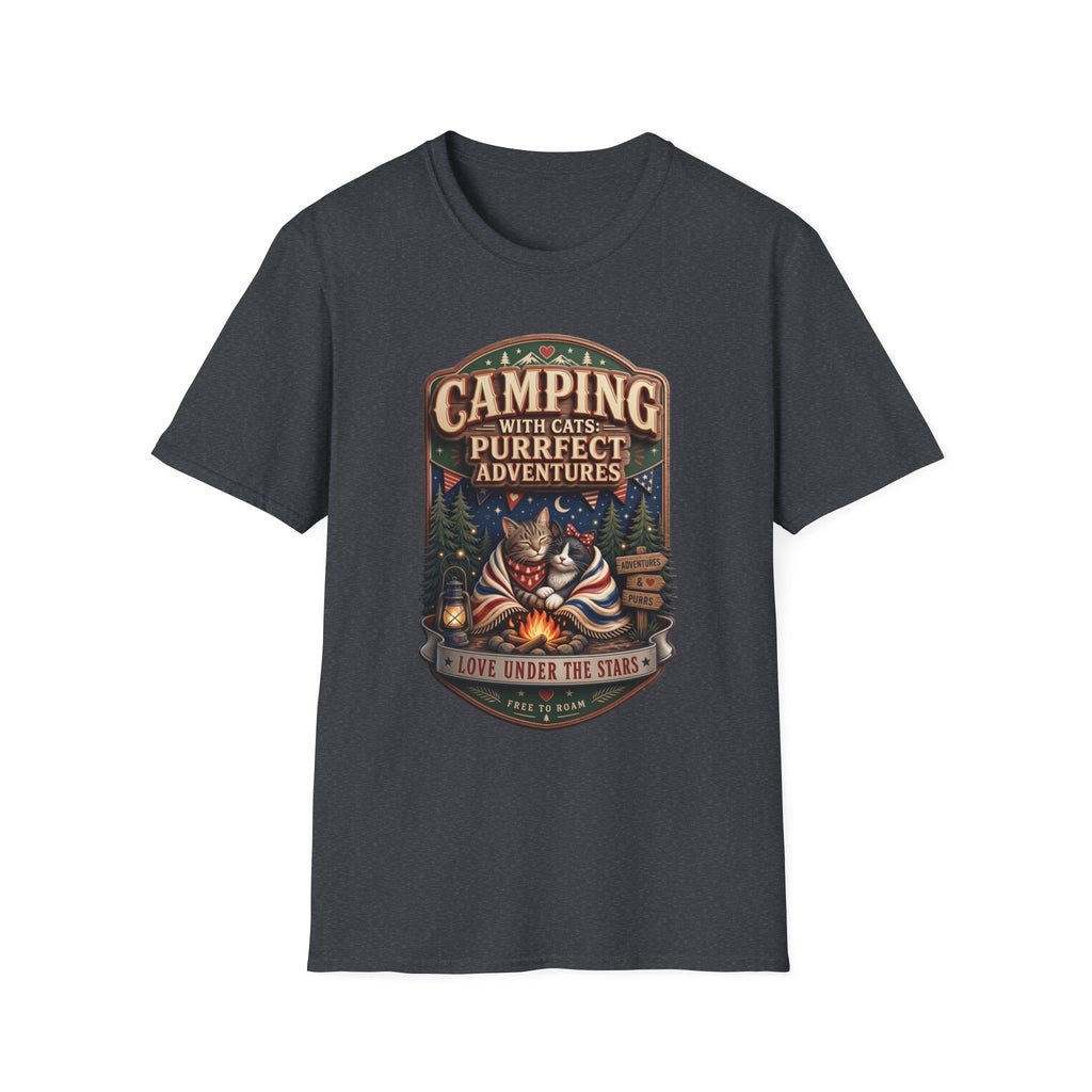 Camping With Cats Purrfect Adventures print on the front of a Dark Heather Grey t-shirt, laid flat on white