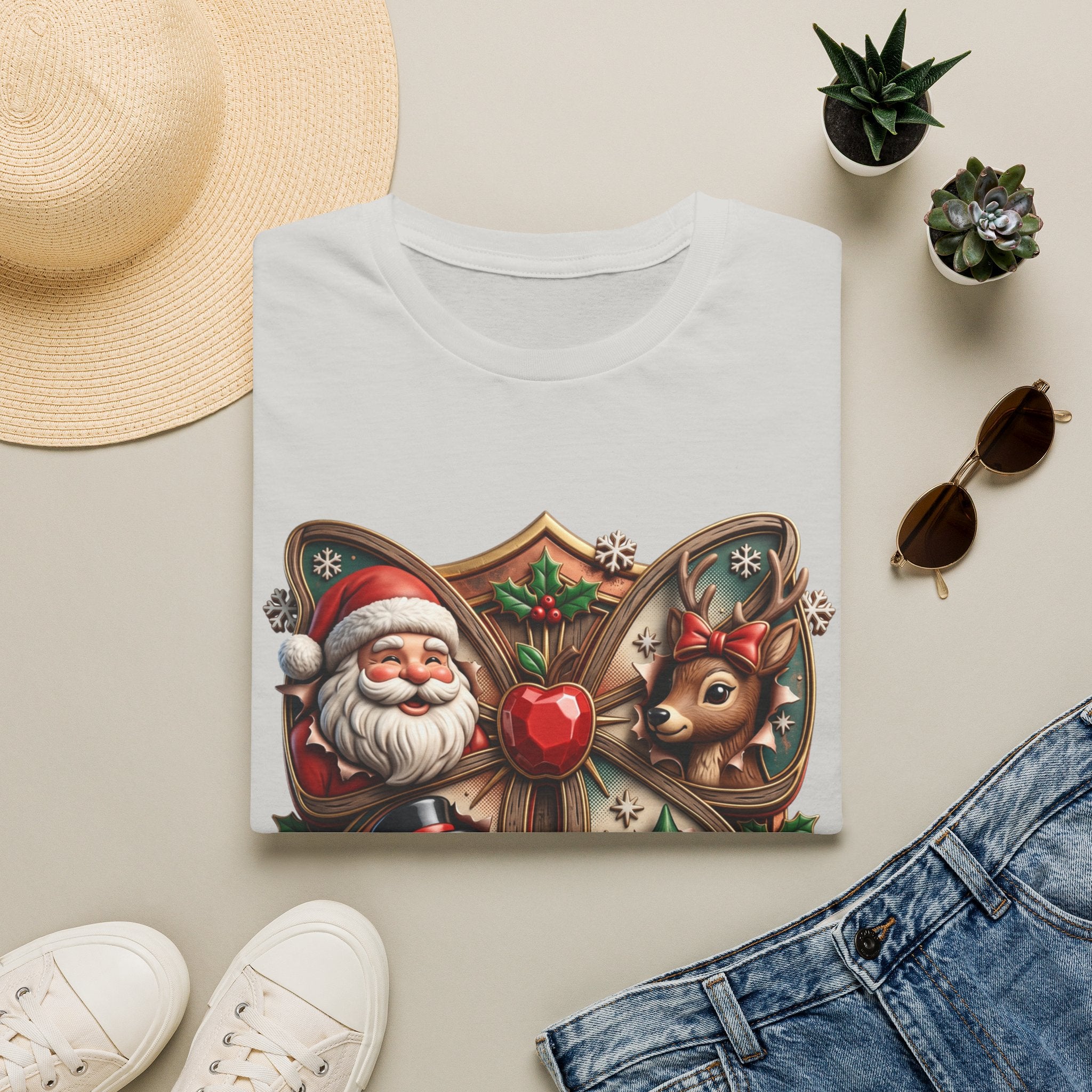 The Most Wonderful Time Wood Crest Santa print on an Ice Grey t-shirt, folded beside a straw hat and jeans