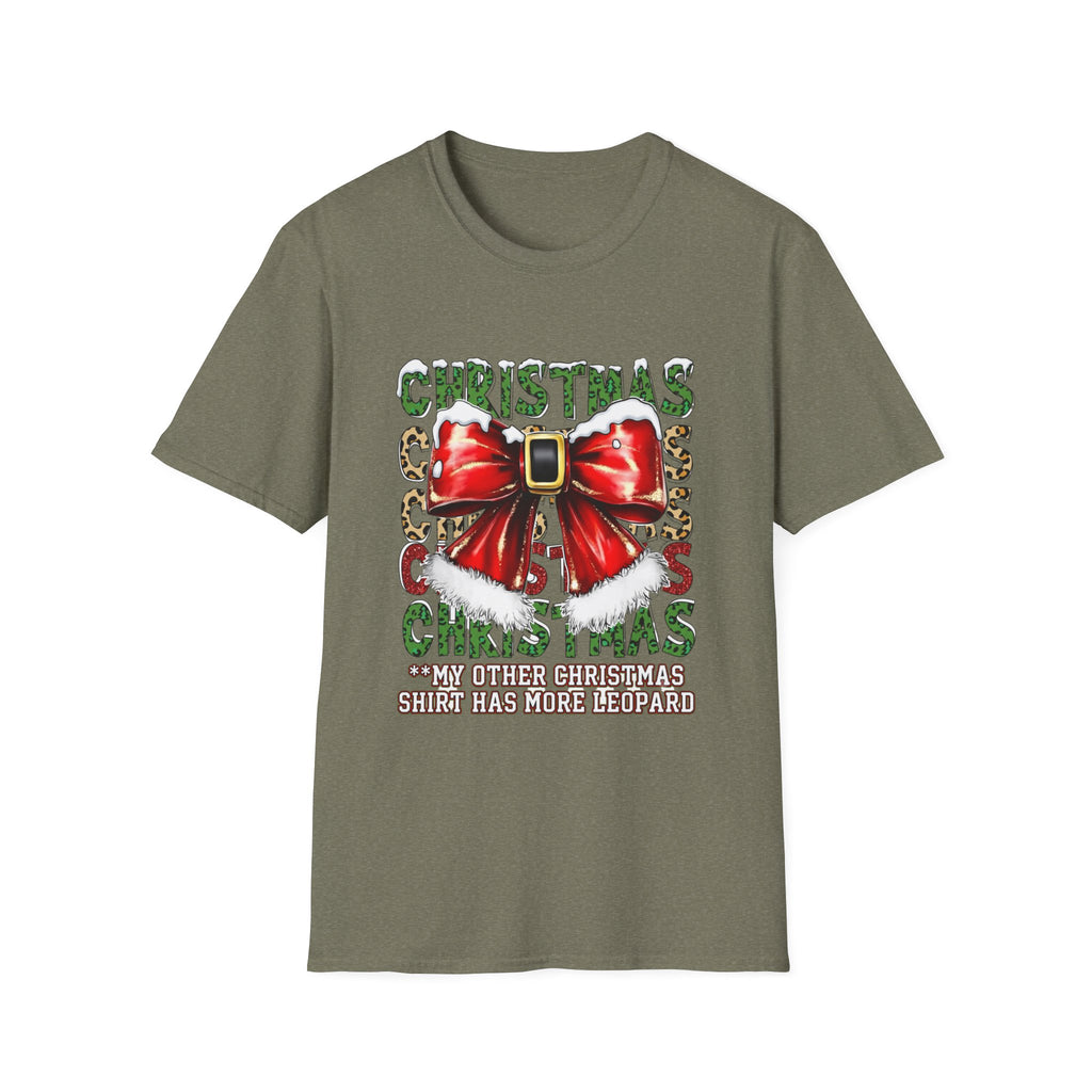 Stacked Christmas Leopard Print Santa Belt Bow print on the front of a Heather Military Green t-shirt, laid flat on white