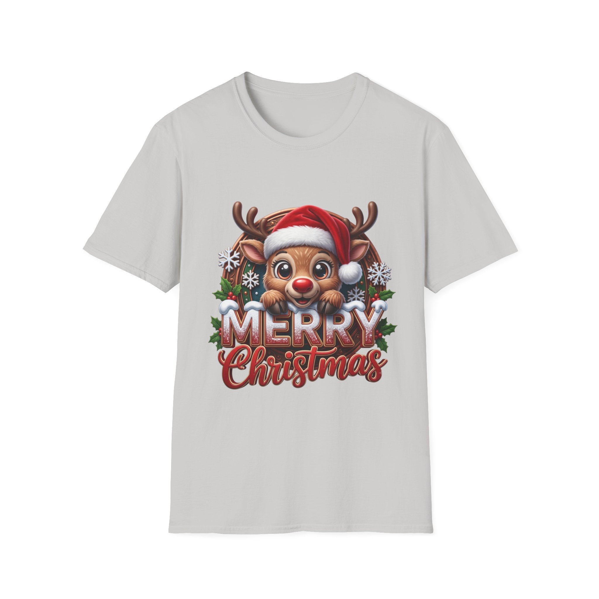 Cute Red-Nosed Reindeer print on the front of an Ice Grey t-shirt, laid flat on white