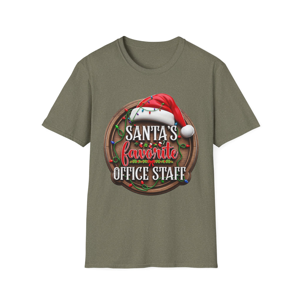 Santa's Favorite Office Staff print on the front of a Heather Military Green t-shirt, laid flat on white