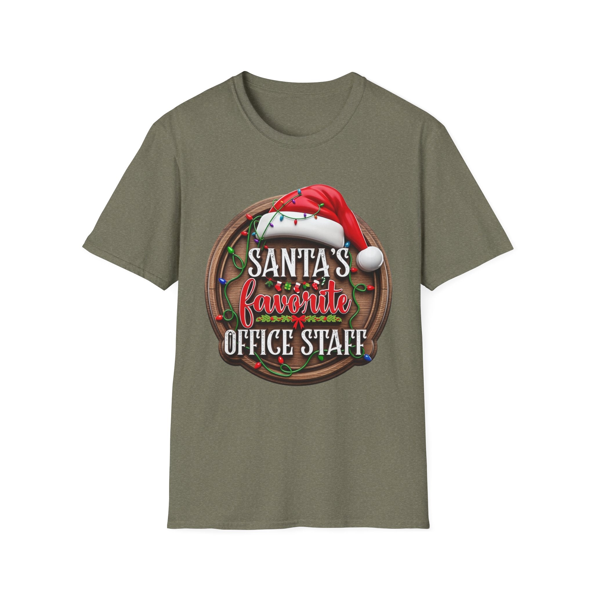 Santa's Favorite Office Staff print on the front of a Heather Military Green t-shirt, laid flat on white