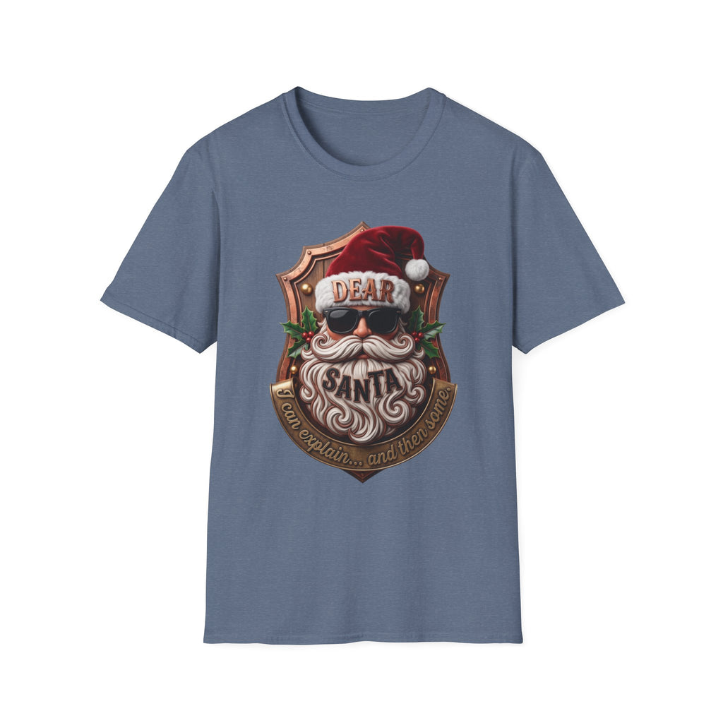 Dear Santa I Can Explain Sunglasses Crest print on the front of a Heather Indigo t-shirt, laid flat on white