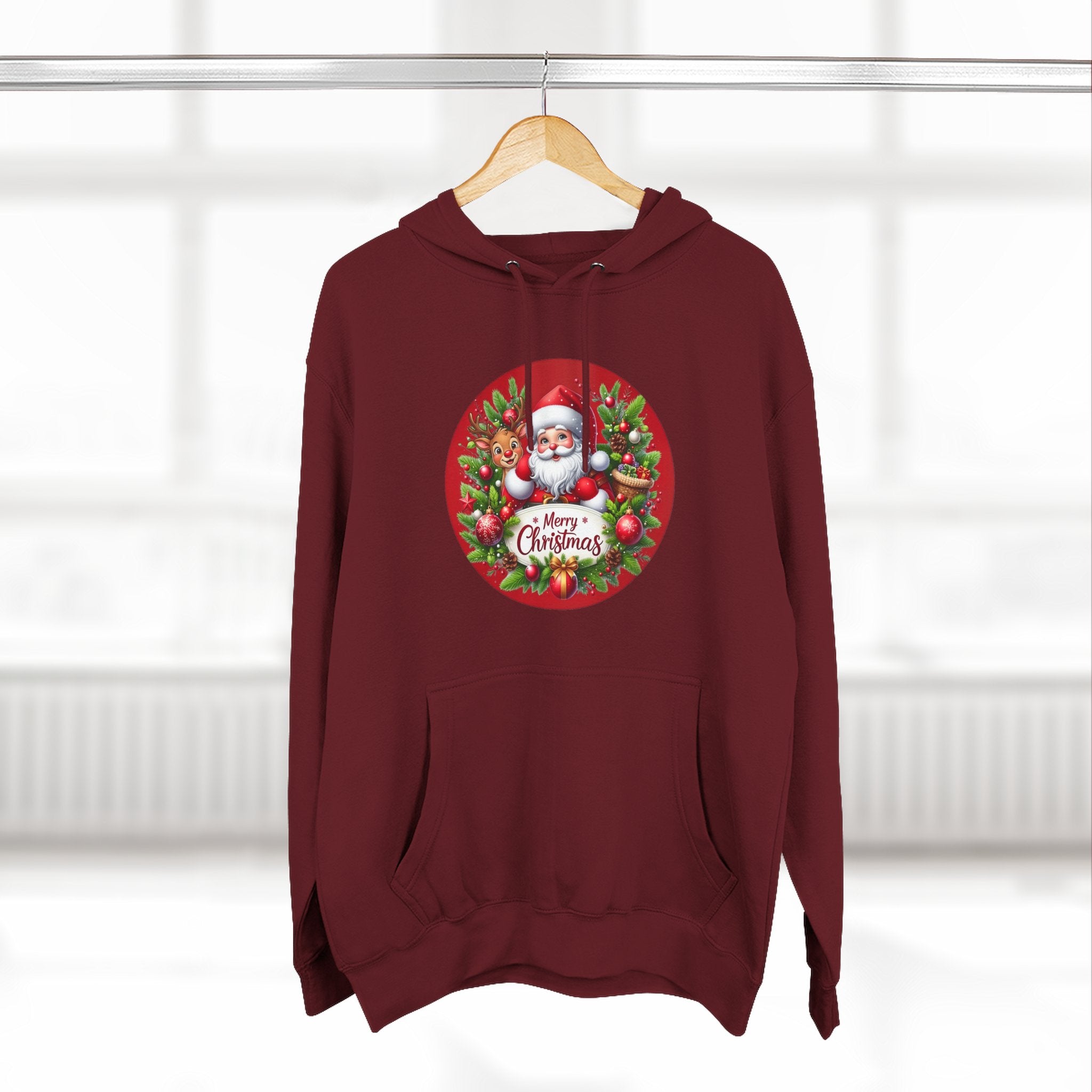 Santa & Reindeer Merry Christmas Wreath Hoodie