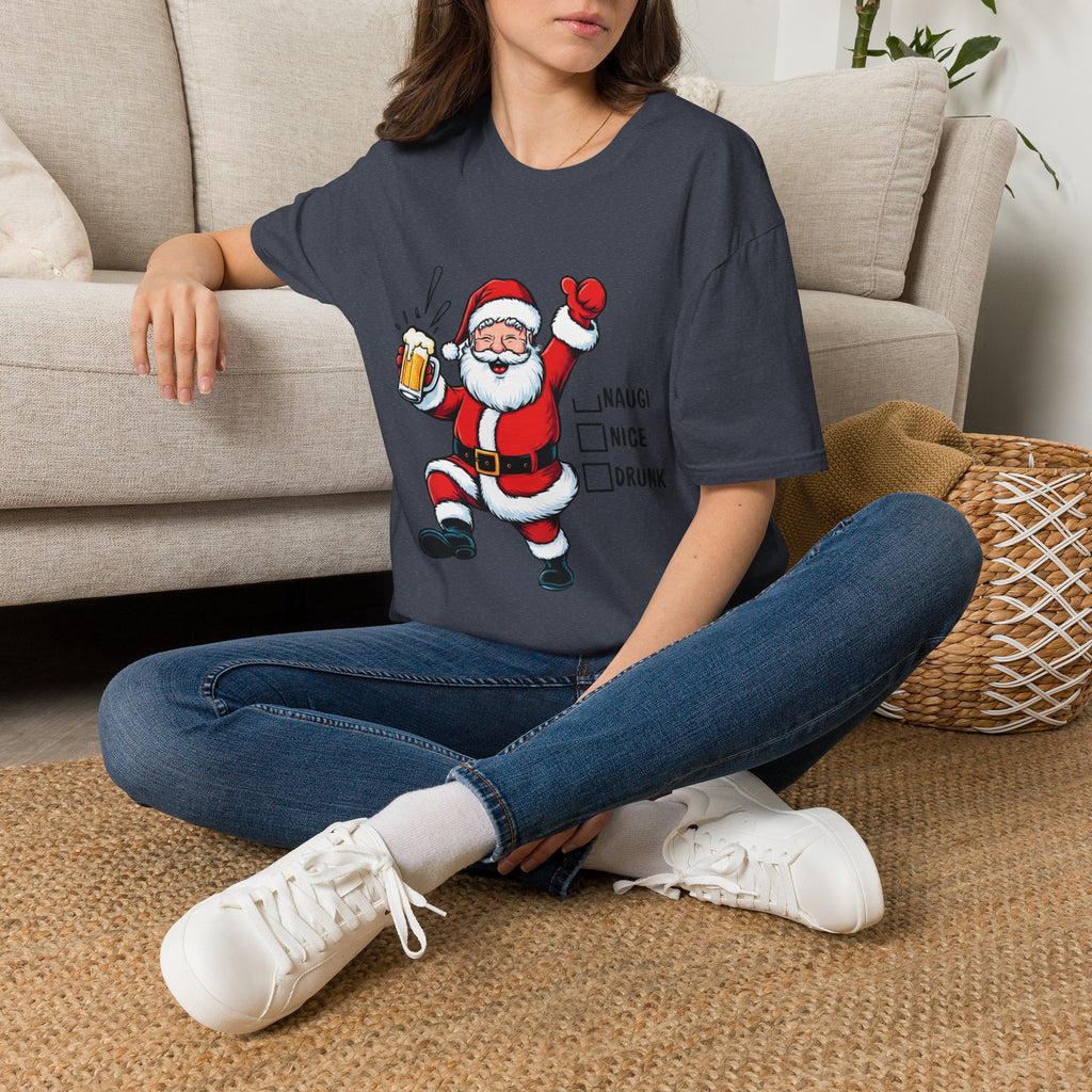 Naughty Nice Drunk Santa Beer Checklist t-shirt in Heather Navy, worn by a woman seated on a rug