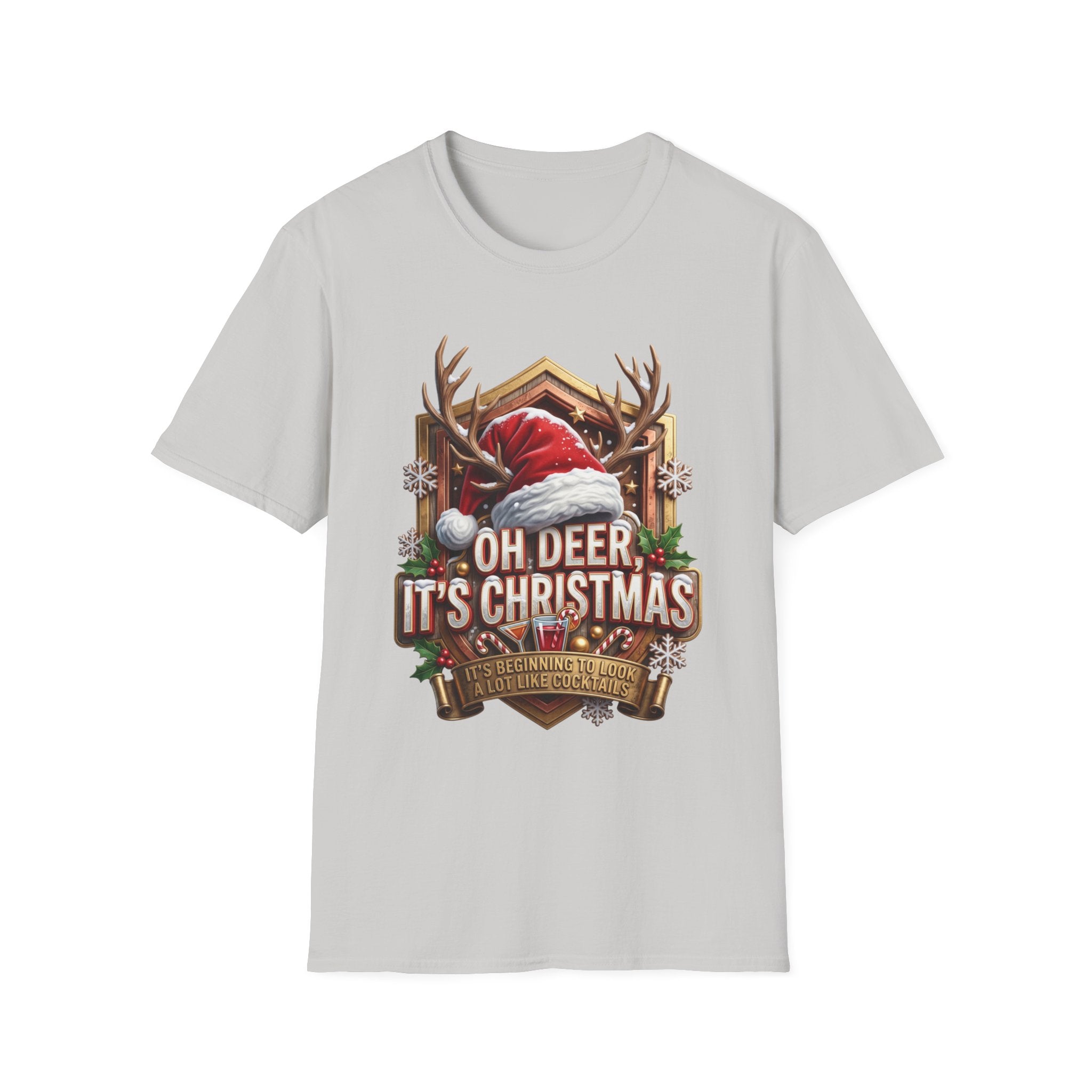 Oh Deer It's Christmas Looks a Lot Like Cocktails print on the front of an Ice Grey t-shirt, laid flat on white