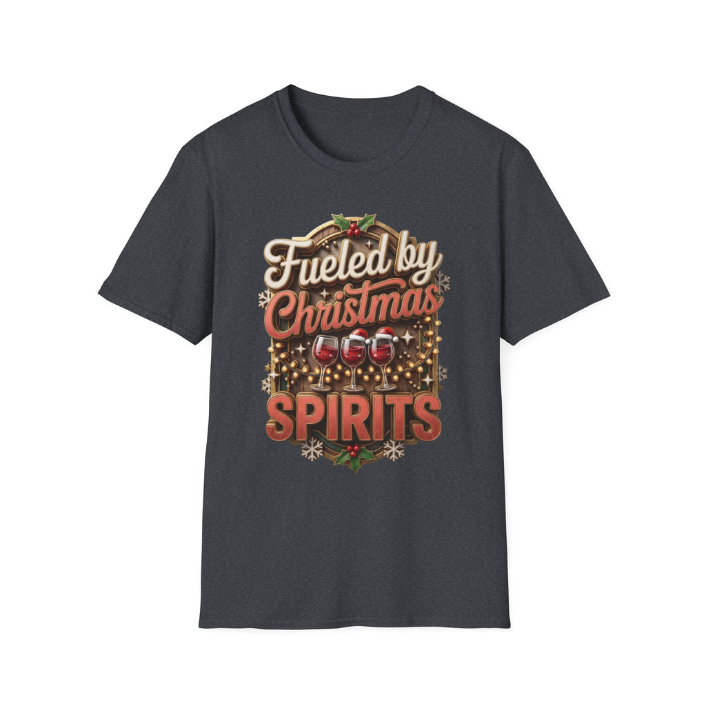Fueled by Christmas Spirits Wine print on the front of a Dark Heather Grey t-shirt, laid flat on white