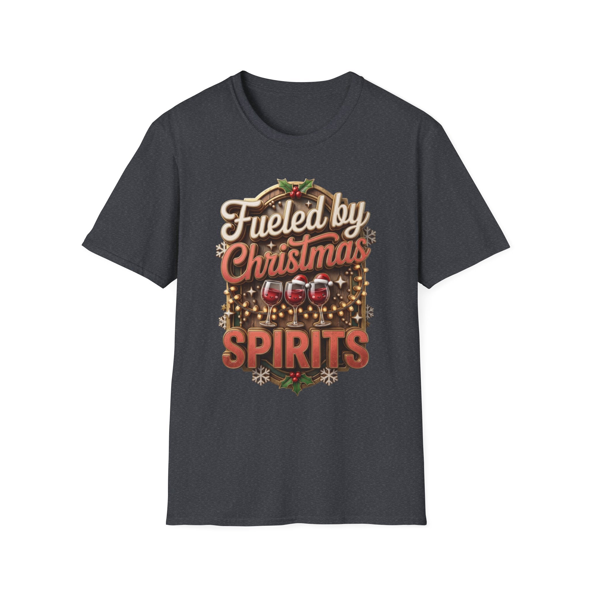 Fueled by Christmas Spirits Wine print on the front of a Dark Heather Grey t-shirt, laid flat on white