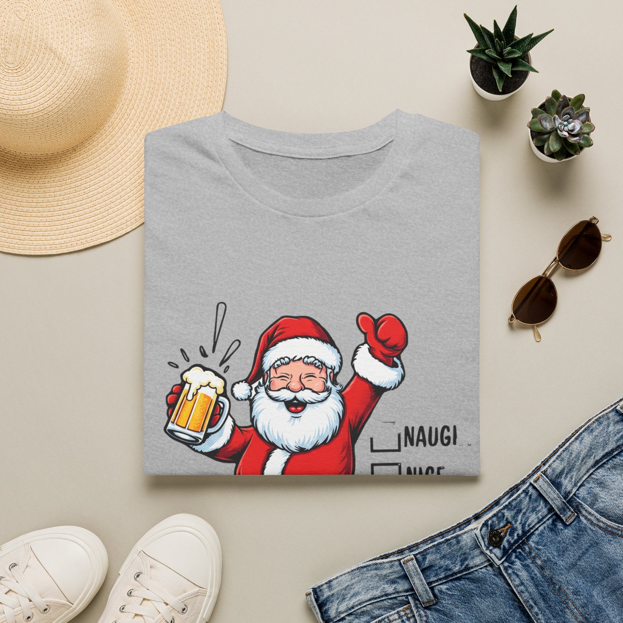 Naughty Nice Drunk Santa Beer Checklist print on a Sport Grey t-shirt, folded beside a straw hat and jeans
