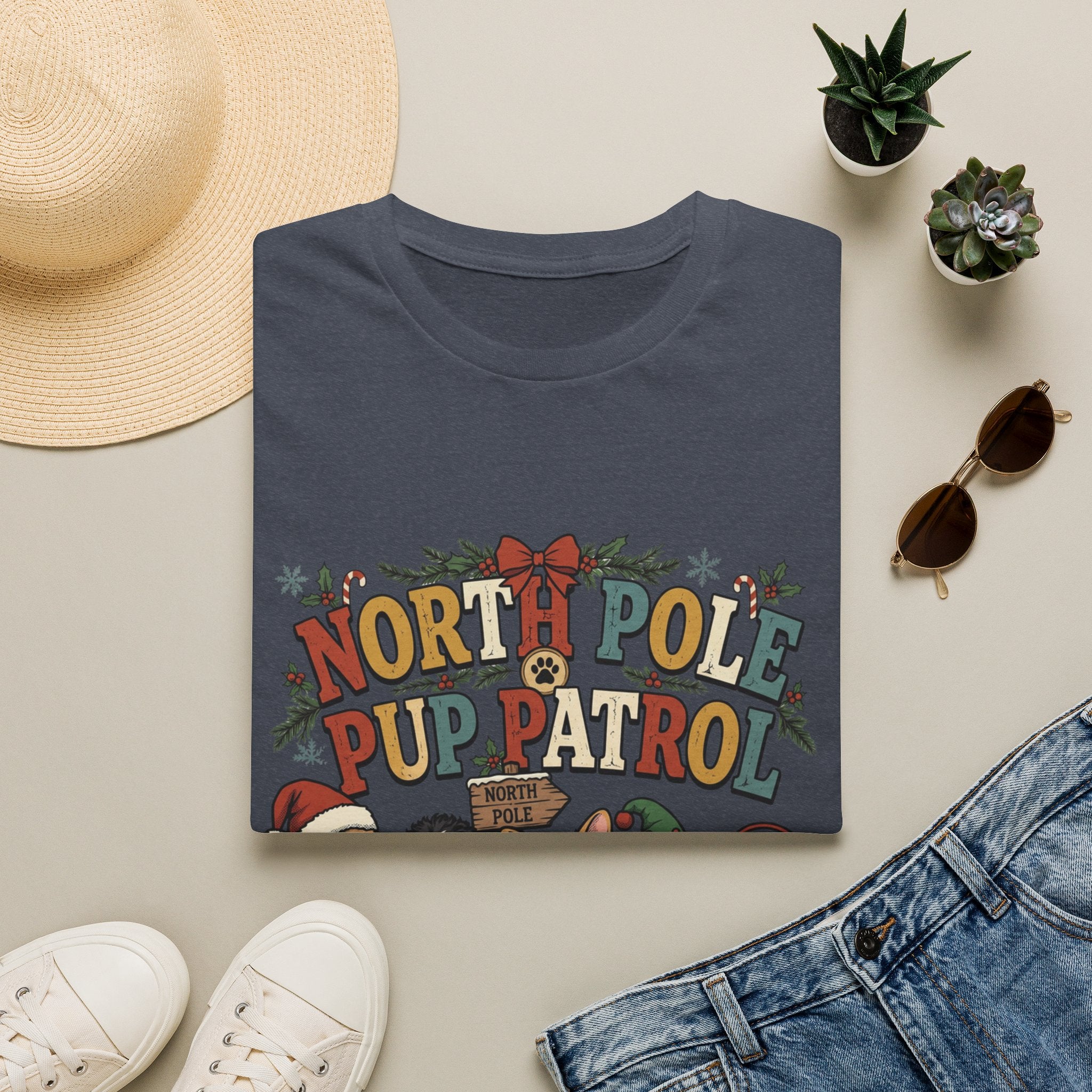 North Pole Pup Patrol Christmas Dogs print on a Heather Navy t-shirt, folded beside a straw hat and jeans