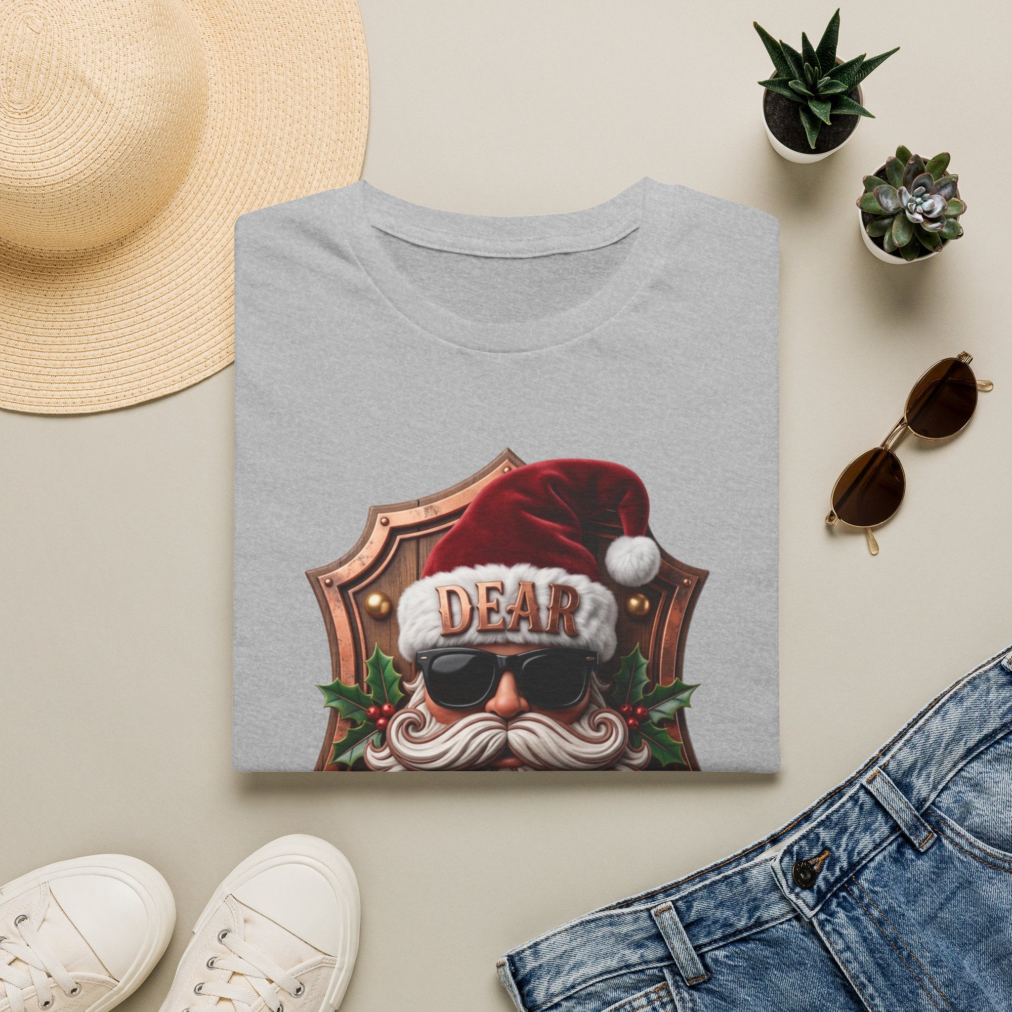 Dear Santa I Can Explain Sunglasses Crest print on a Sport Grey t-shirt, folded beside a straw hat and jeans