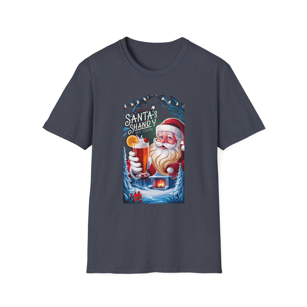 Santa's Shandy Beer Cocktail print on the front of a Heather Navy t-shirt, laid flat on white