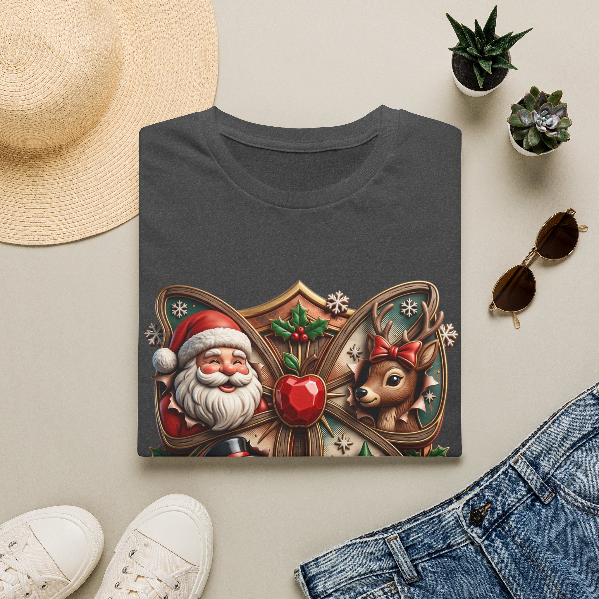 The Most Wonderful Time Wood Crest Santa print on a Dark Heather t-shirt, folded beside a straw hat and jeans