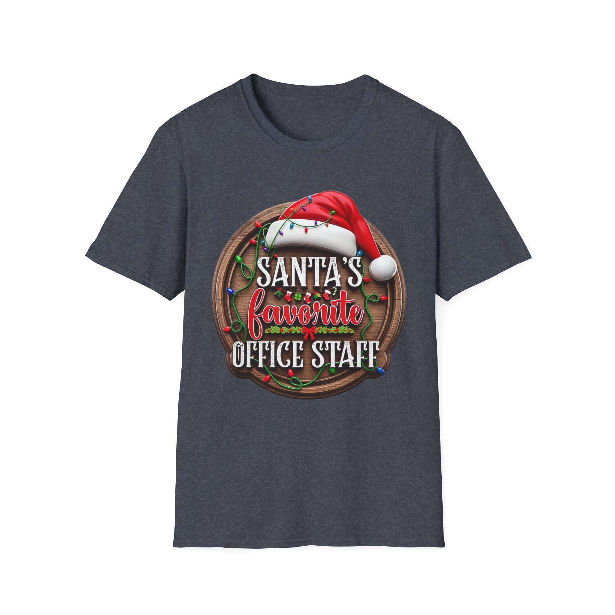 Santa's Favorite Office Staff print on the front of a Heather Navy t-shirt, laid flat on white
