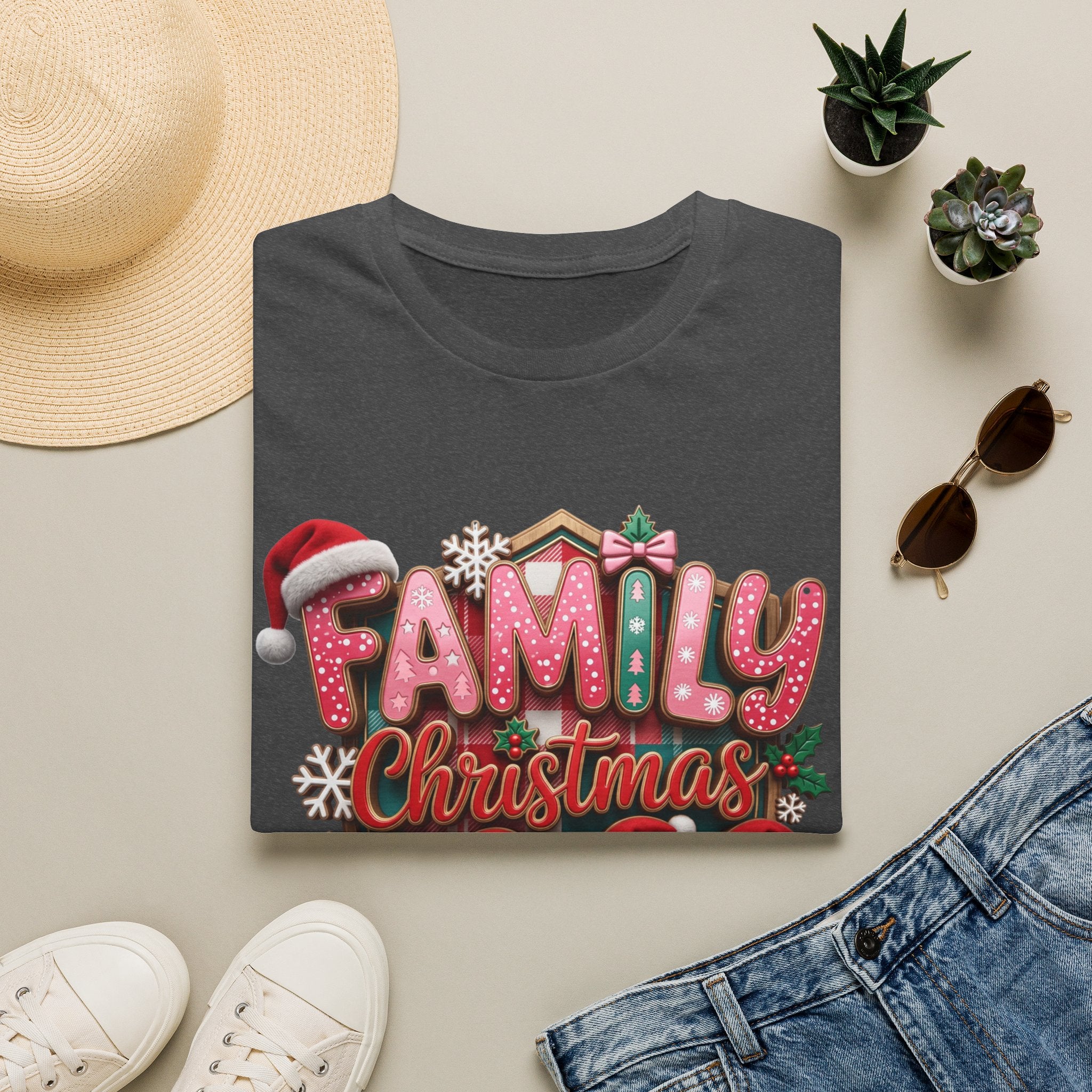Family Christmas 2026 Making Memories Together print on a Dark Heather t-shirt, folded beside a straw hat and jeans