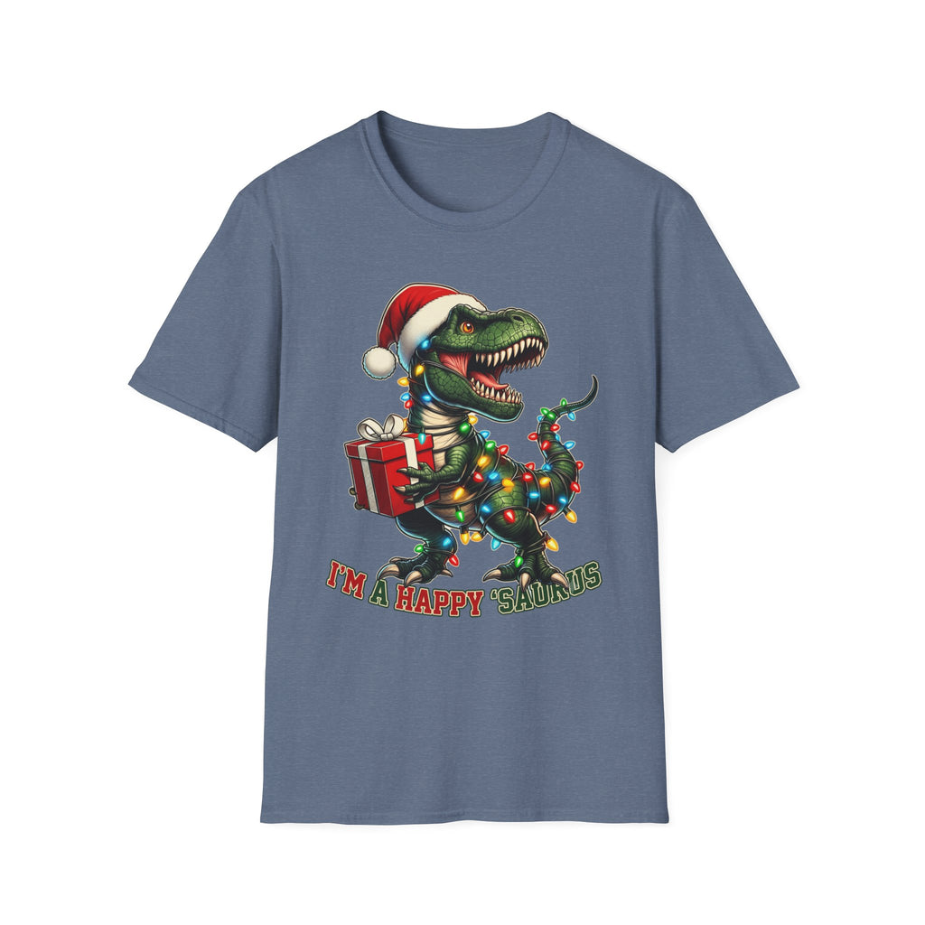 Happy Saurus T-Rex Santa Hat Christmas Lights print on the front of a Heather Indigo t-shirt, laid flat on white