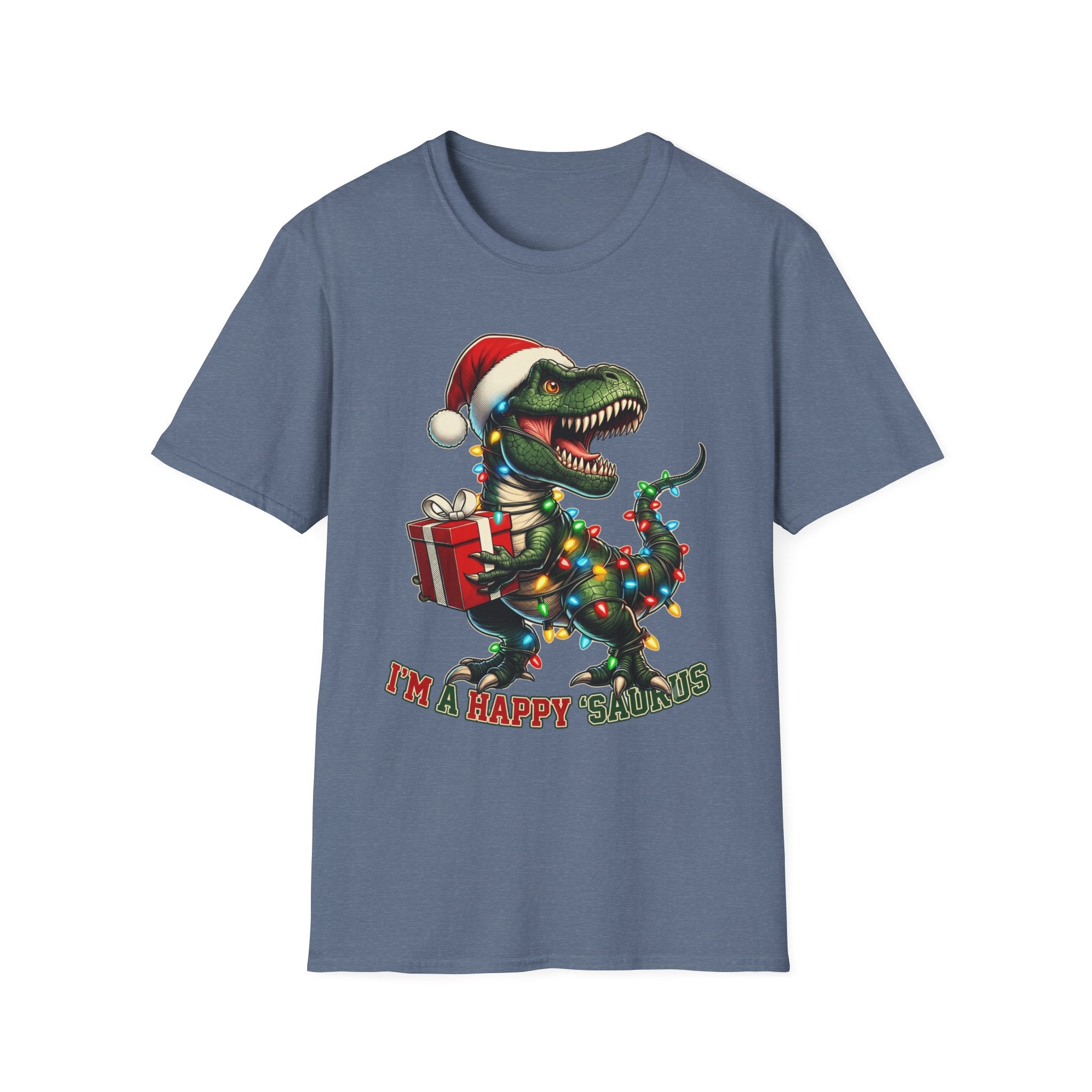 Happy Saurus T-Rex Santa Hat Christmas Lights print on the front of a Heather Indigo t-shirt, laid flat on white