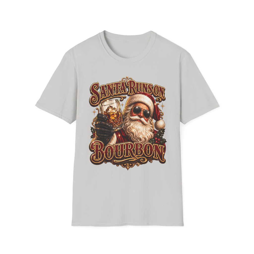 Santa Runs on Bourbon Vintage Whiskey print on the front of an Ice Grey t-shirt, laid flat on white