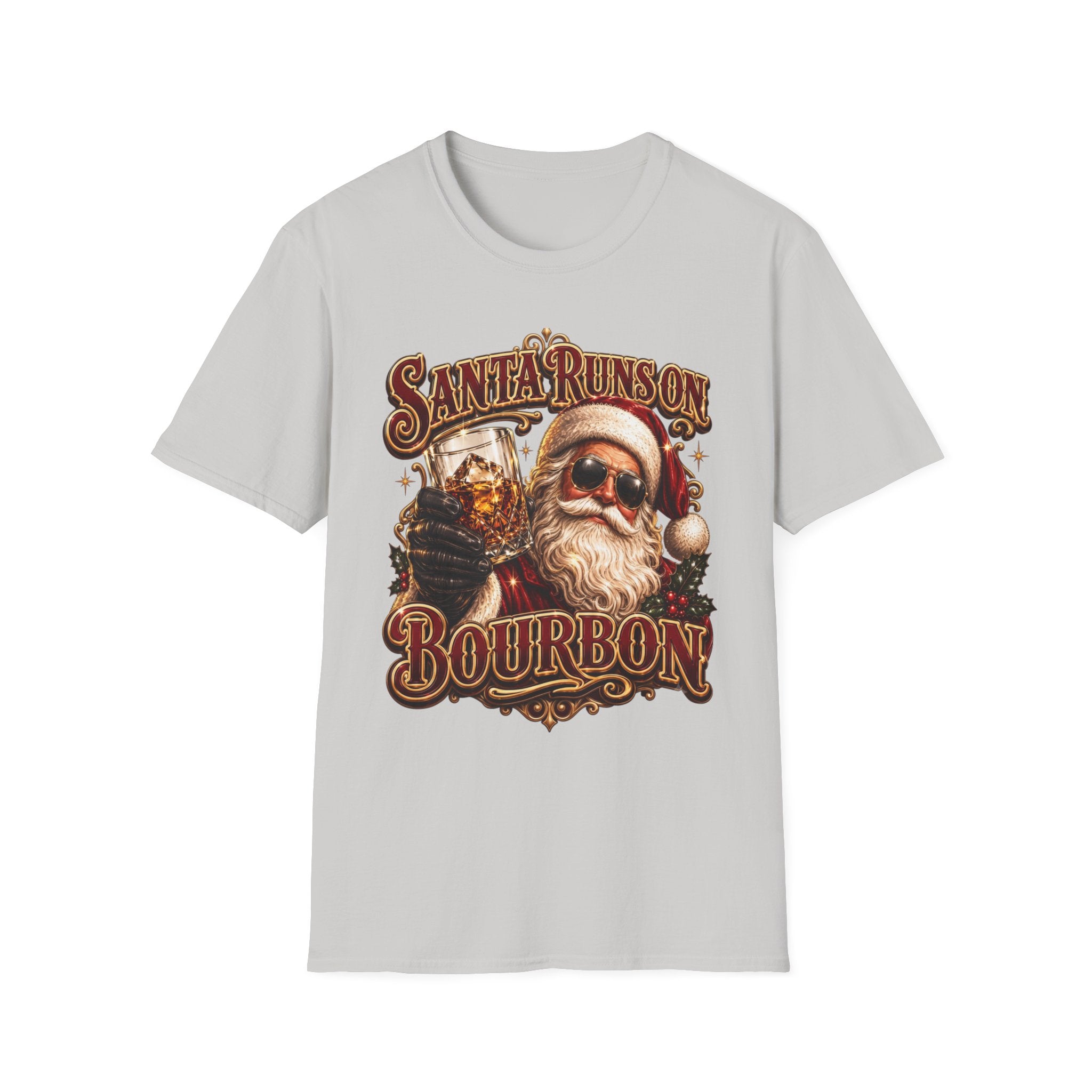 Santa Runs on Bourbon Vintage Whiskey print on the front of an Ice Grey t-shirt, laid flat on white