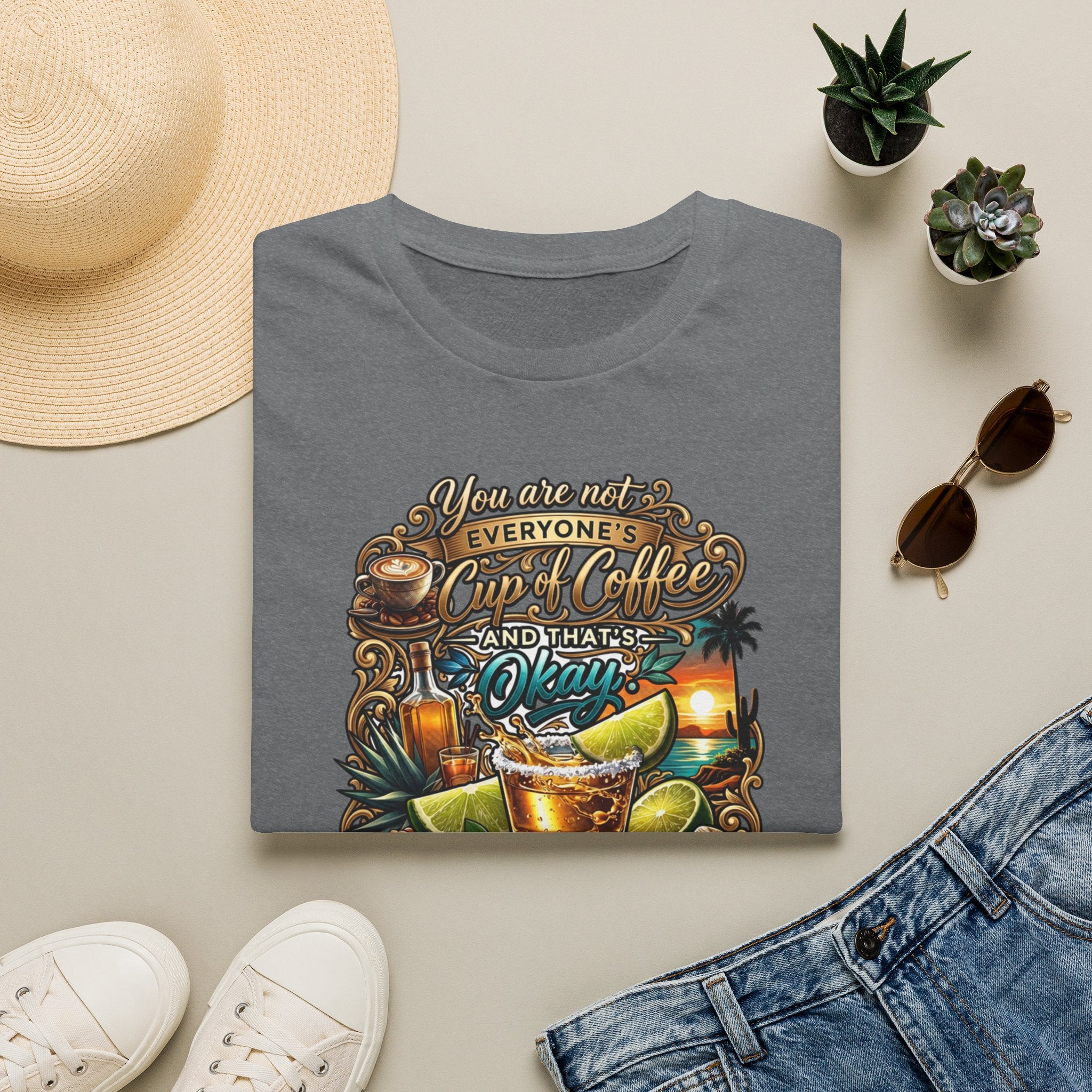 Not Everyone's Cup of Coffee You're Tequila print on a Graphite Heather t-shirt, folded beside a straw hat and jeans