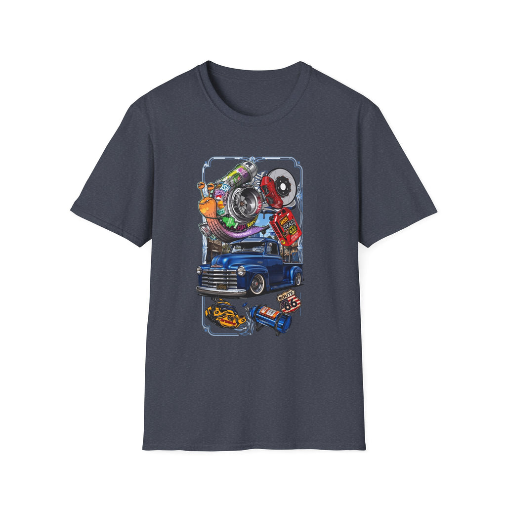 Turbocharged Snail Gearhead Car Parts print on the front of a Heather Navy t-shirt, laid flat on white