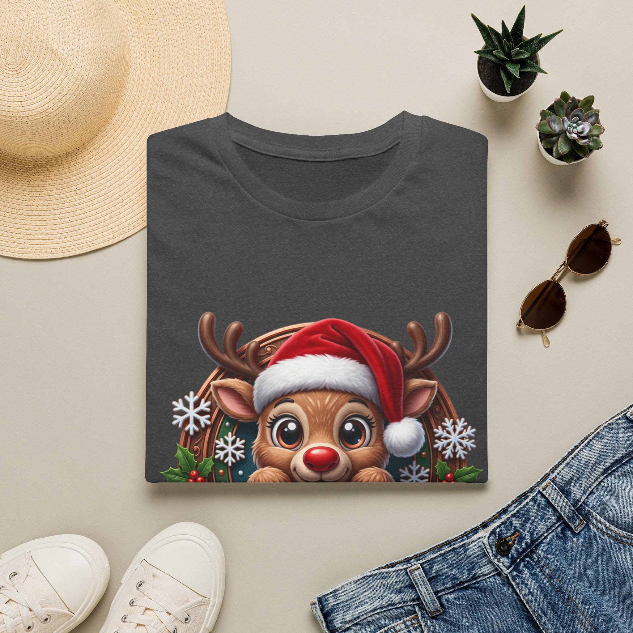 Cute Red-Nosed Reindeer print on a Dark Heather t-shirt, folded beside a straw hat and jeans