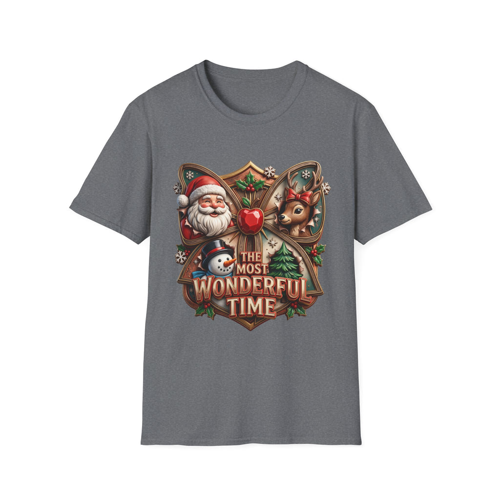 The Most Wonderful Time Wood Crest Santa print on the front of a Graphite Heather t-shirt, laid flat on white