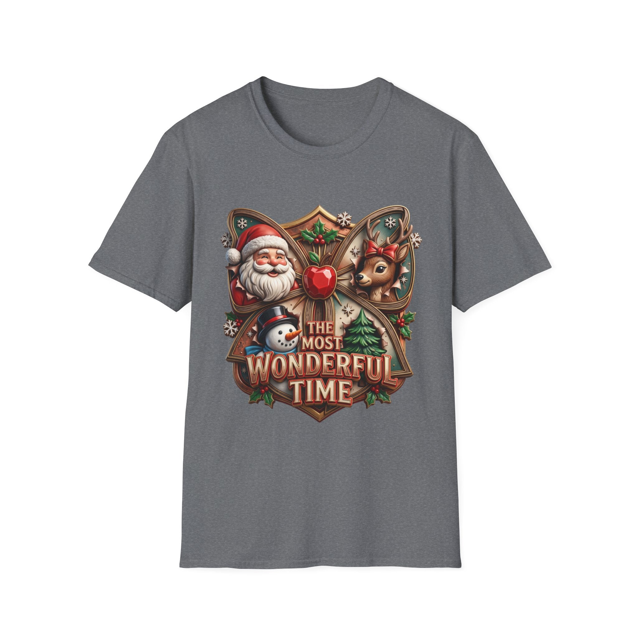 The Most Wonderful Time Wood Crest Santa print on the front of a Graphite Heather t-shirt, laid flat on white