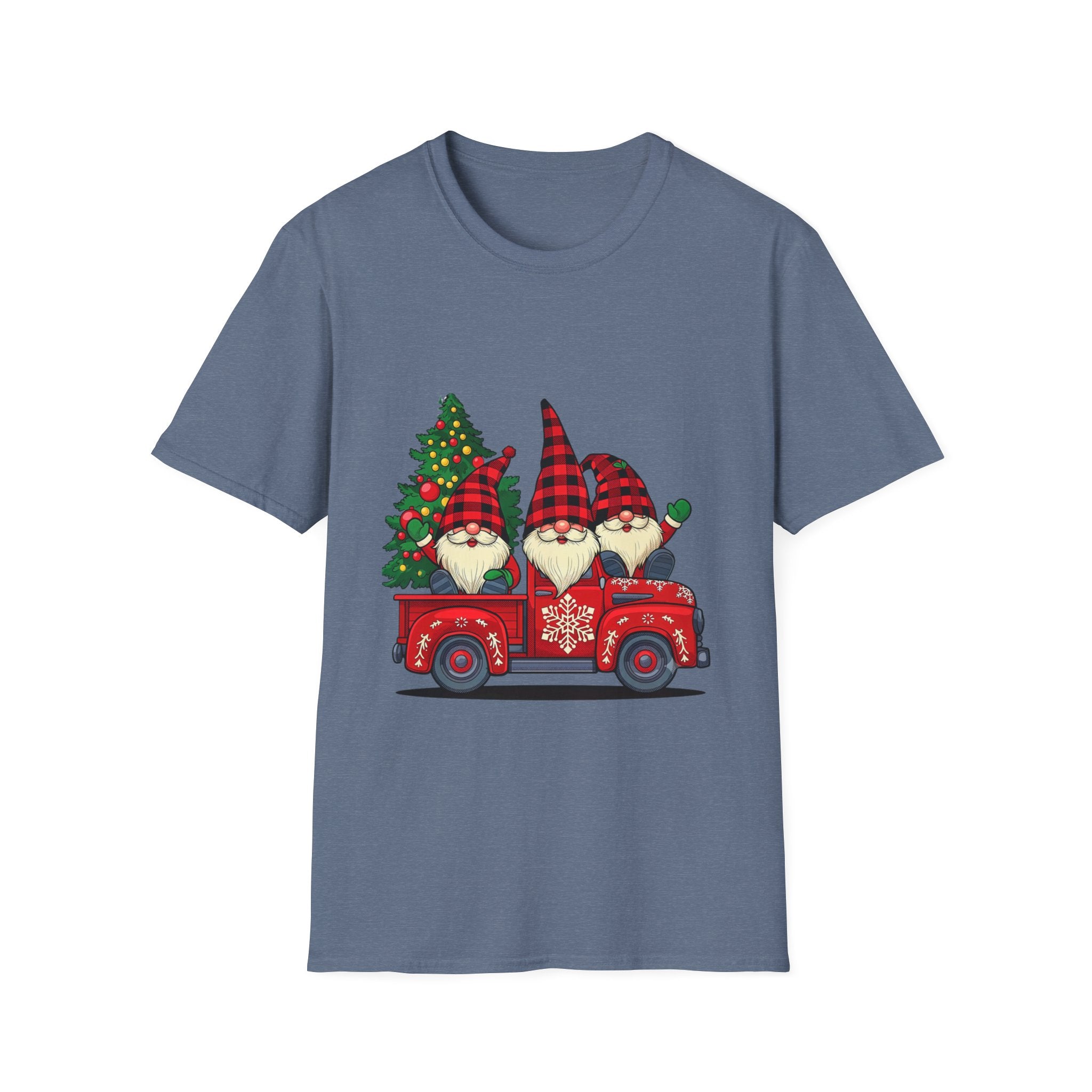 Buffalo Plaid Gnomes Red Truck print on the front of a Heather Indigo t-shirt, laid flat on white