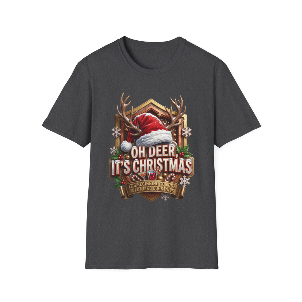 Oh Deer It's Christmas Looks a Lot Like Cocktails print on the front of a Dark Heather t-shirt, laid flat on white