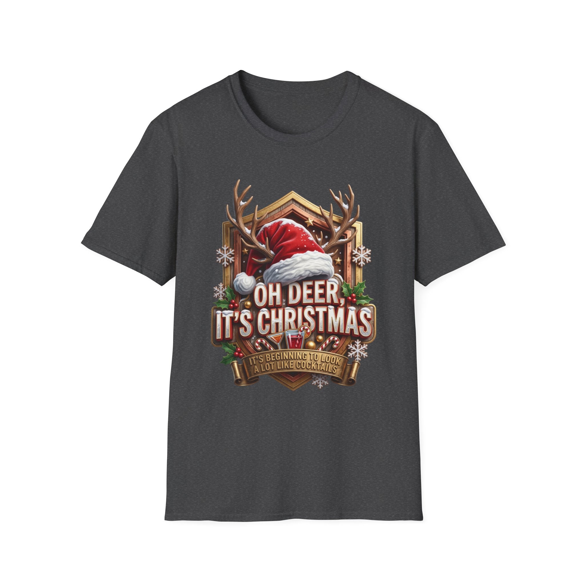 Oh Deer It's Christmas Looks a Lot Like Cocktails print on the front of a Dark Heather t-shirt, laid flat on white