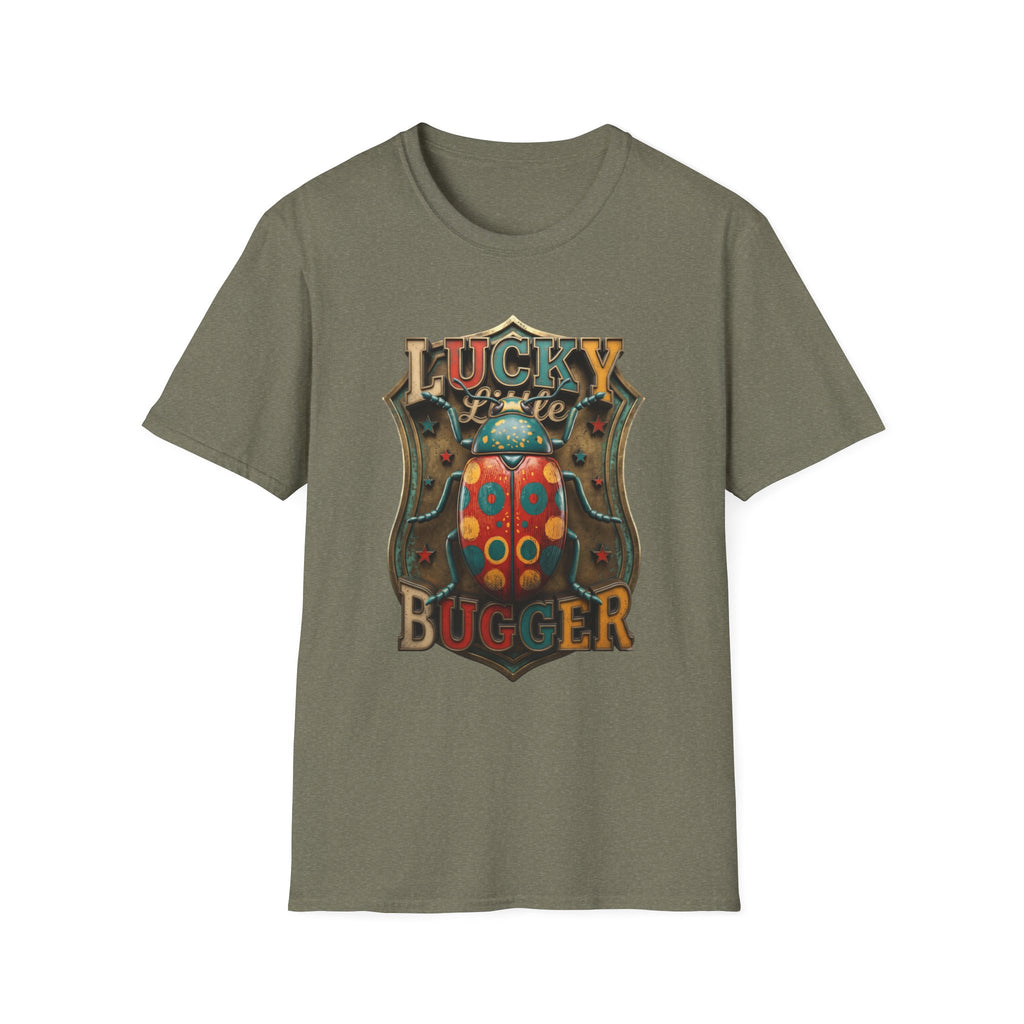 Lucky Little Bugger Vintage Beetle print on the front of a Heather Military Green t-shirt, laid flat on white
